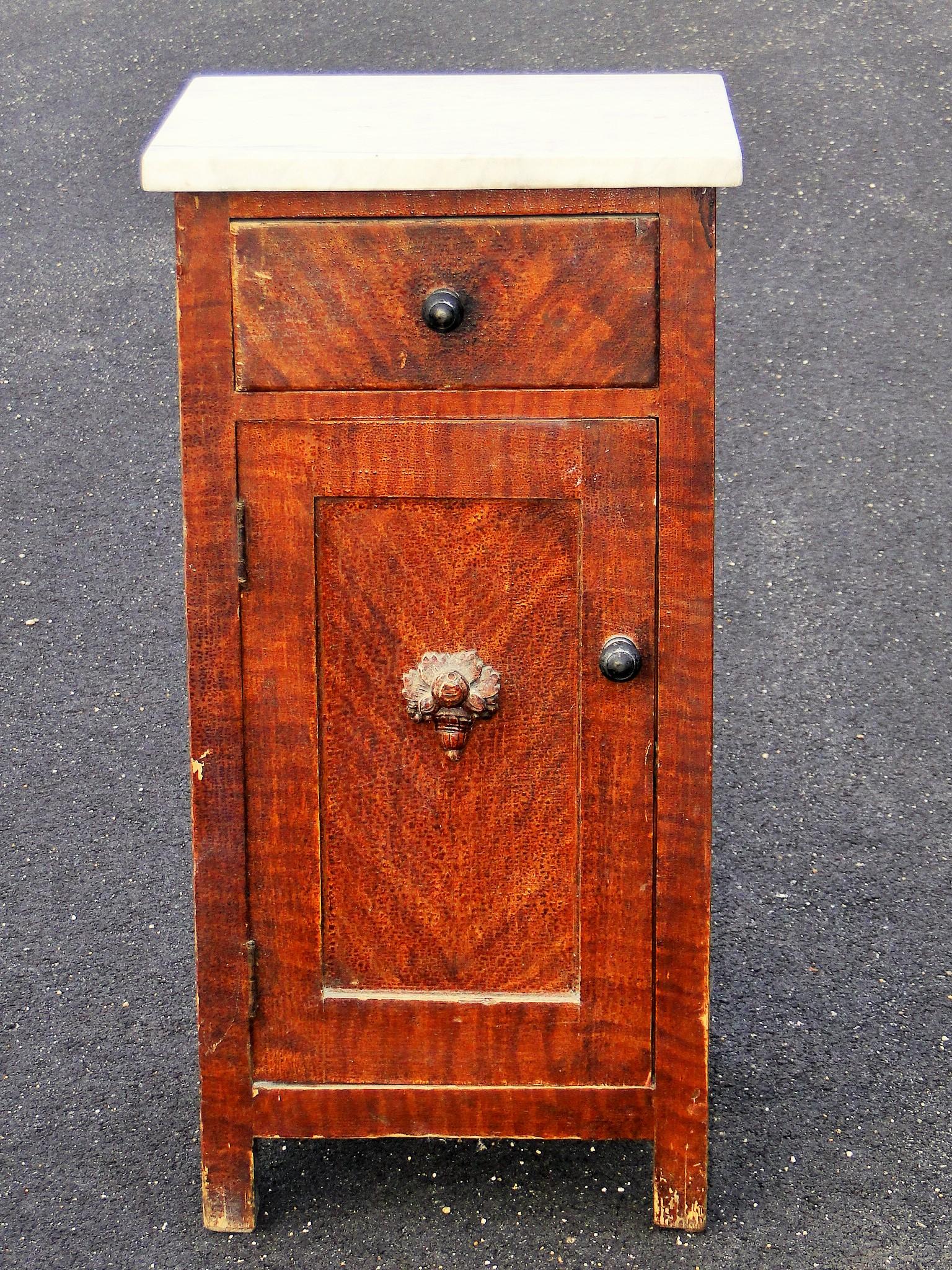 19TH C MARBLE TOP STAND, ORIGINAL GRAIN PAINTED CASE, (1 of 4)