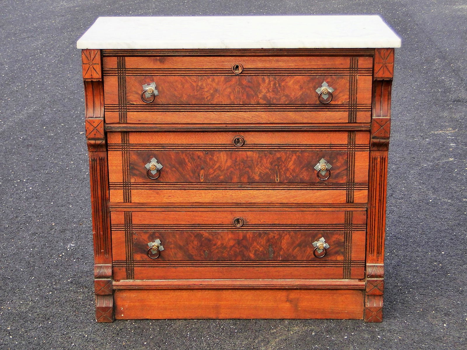 19TH EASTLAKE VICTORIAN MARBLE TOP CHEST, THREE DRAWER, (1 of 3)