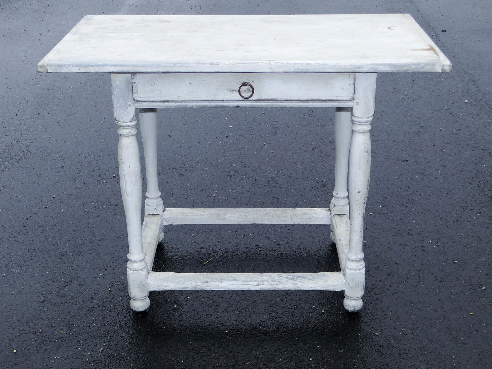 EARLY WHITE PAINTED TAVERN TABLE, DOVETAIED DRAWER, (1 of 5)