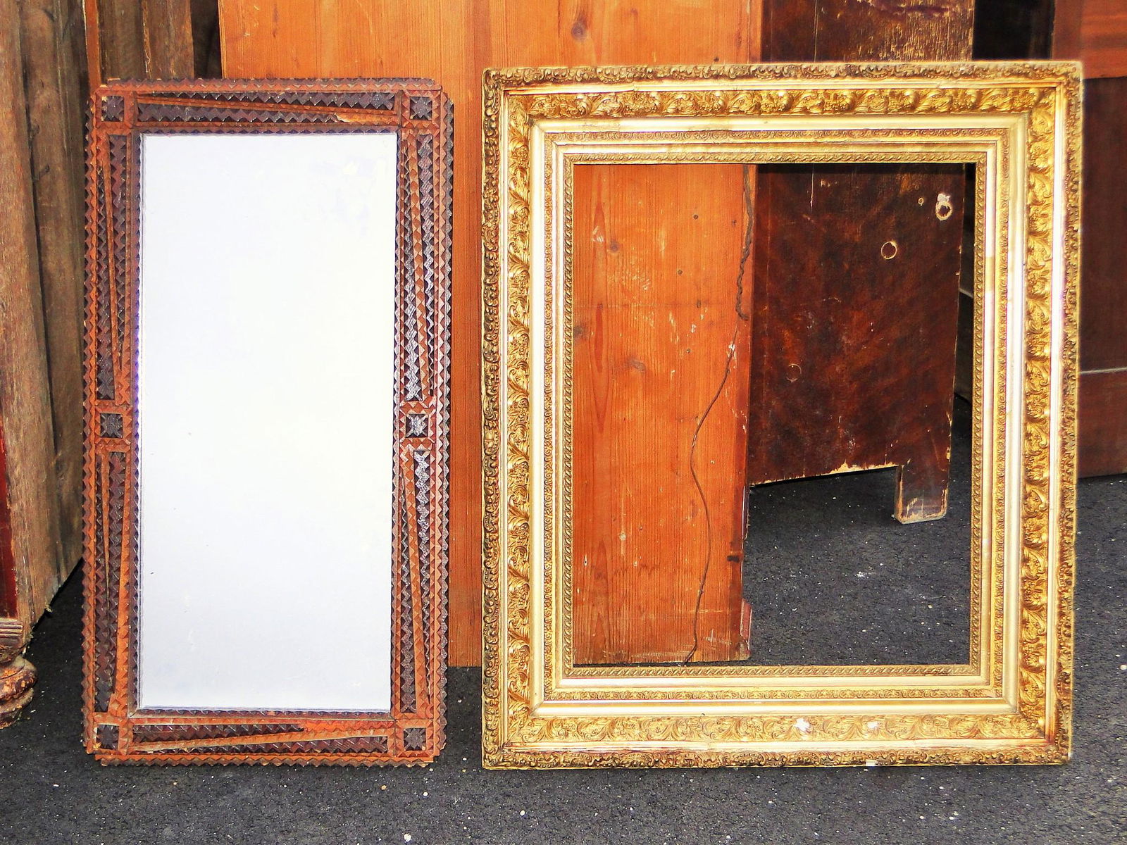 TRAMP ART MIRROR 13 X 26, GOLD GILT FRAME 22 X 27 AS (1 of 1)