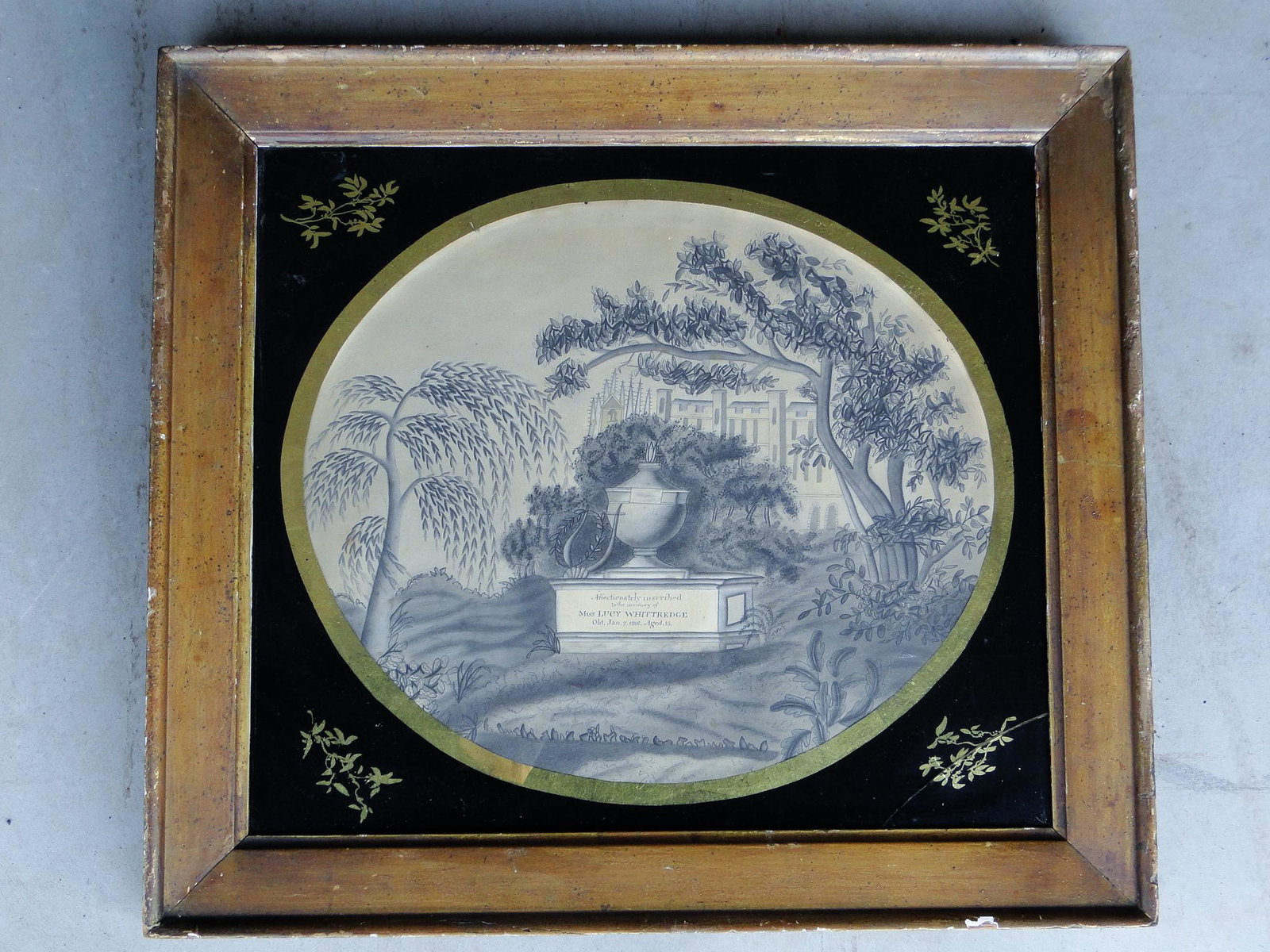 19TH C LUCY WHITREDGE MEMORIAL UNDER GLASS, SMALL CRACK: 19TH C LUCY WHITREDGE MEMORIAL UNDER GLASS, SMALL CRACK IN GASS OWER LEFT, 18 X 20