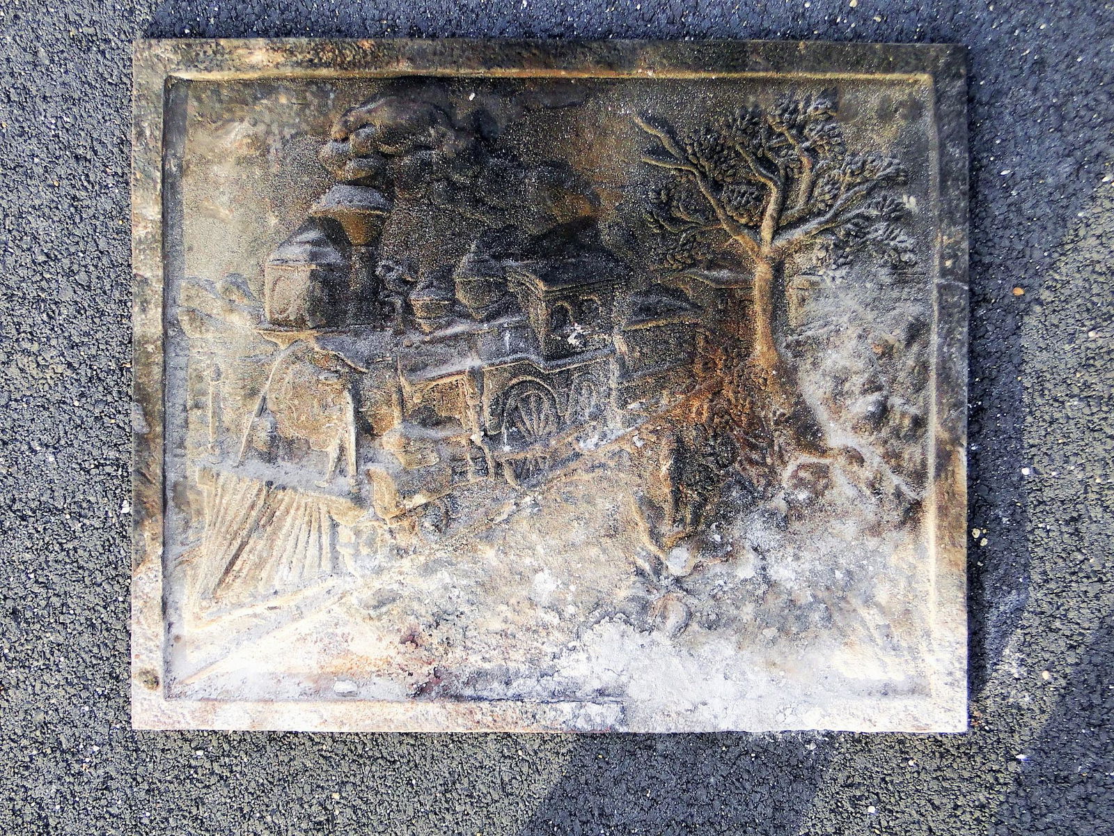 IRON FIRE BACK WITH TRAIN, 17 X 21: IRON FIRE BACK WITH TRAIN, 17 X 21