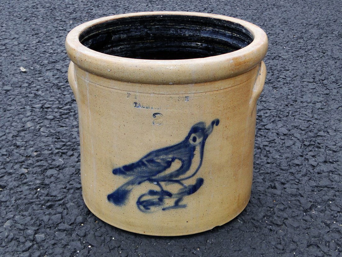 19TH C STONEWARE CROCK WITH COBALT BIRD DECORATION (1 of 7)