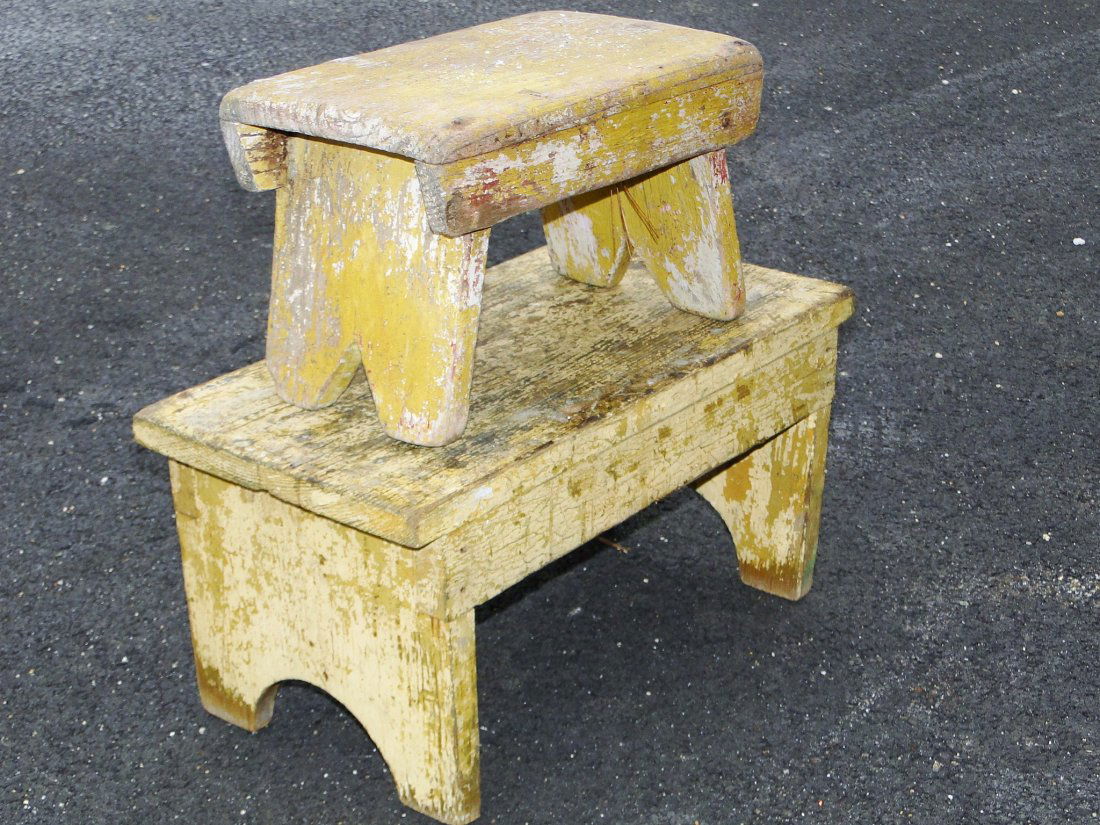 TWO CHROME YELLOW PAINTED CRICKET STOOLS (1 of 3)