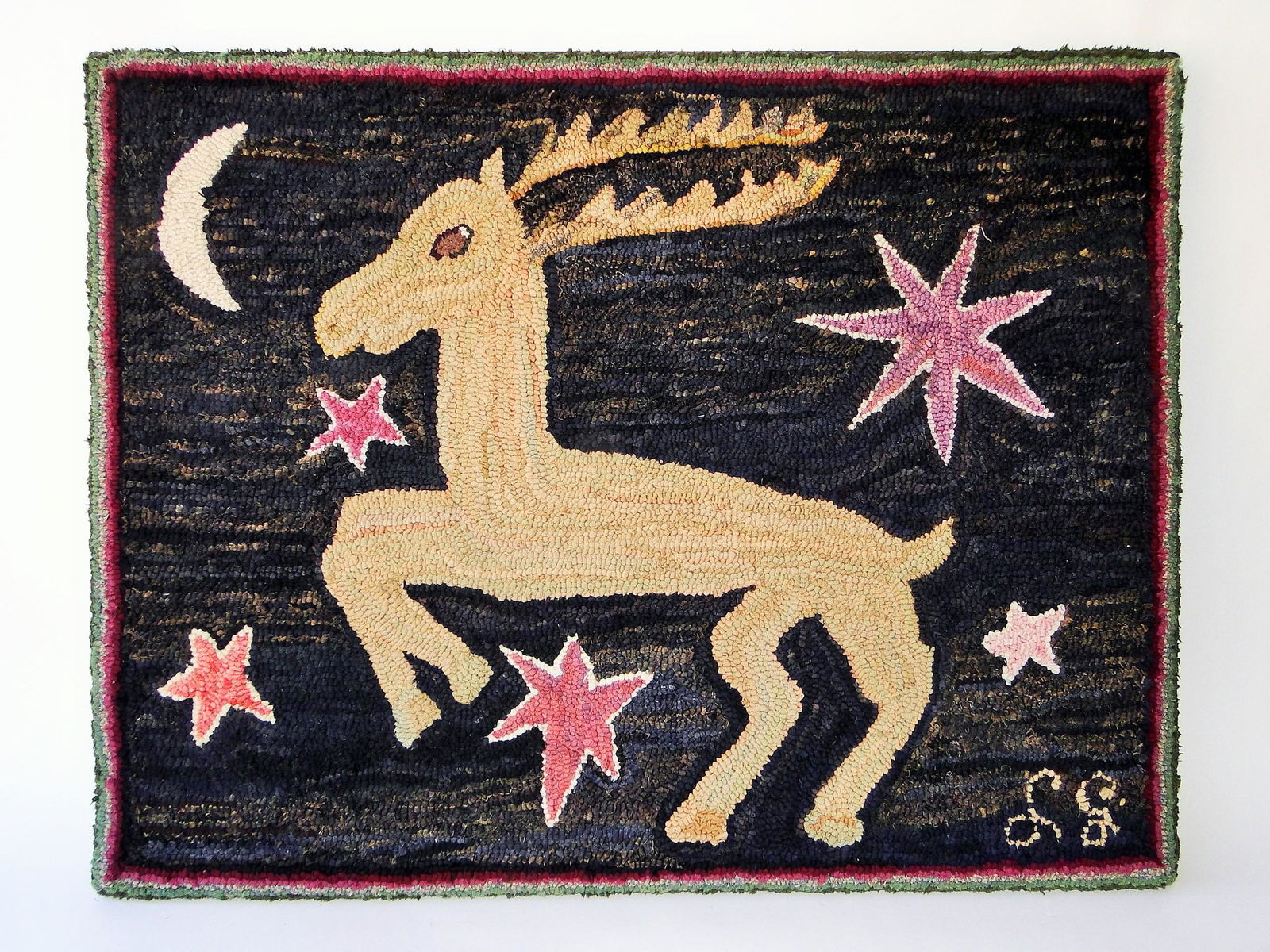 HOOKED RUG DEER AND STARS, SIGNED (1 of 3)