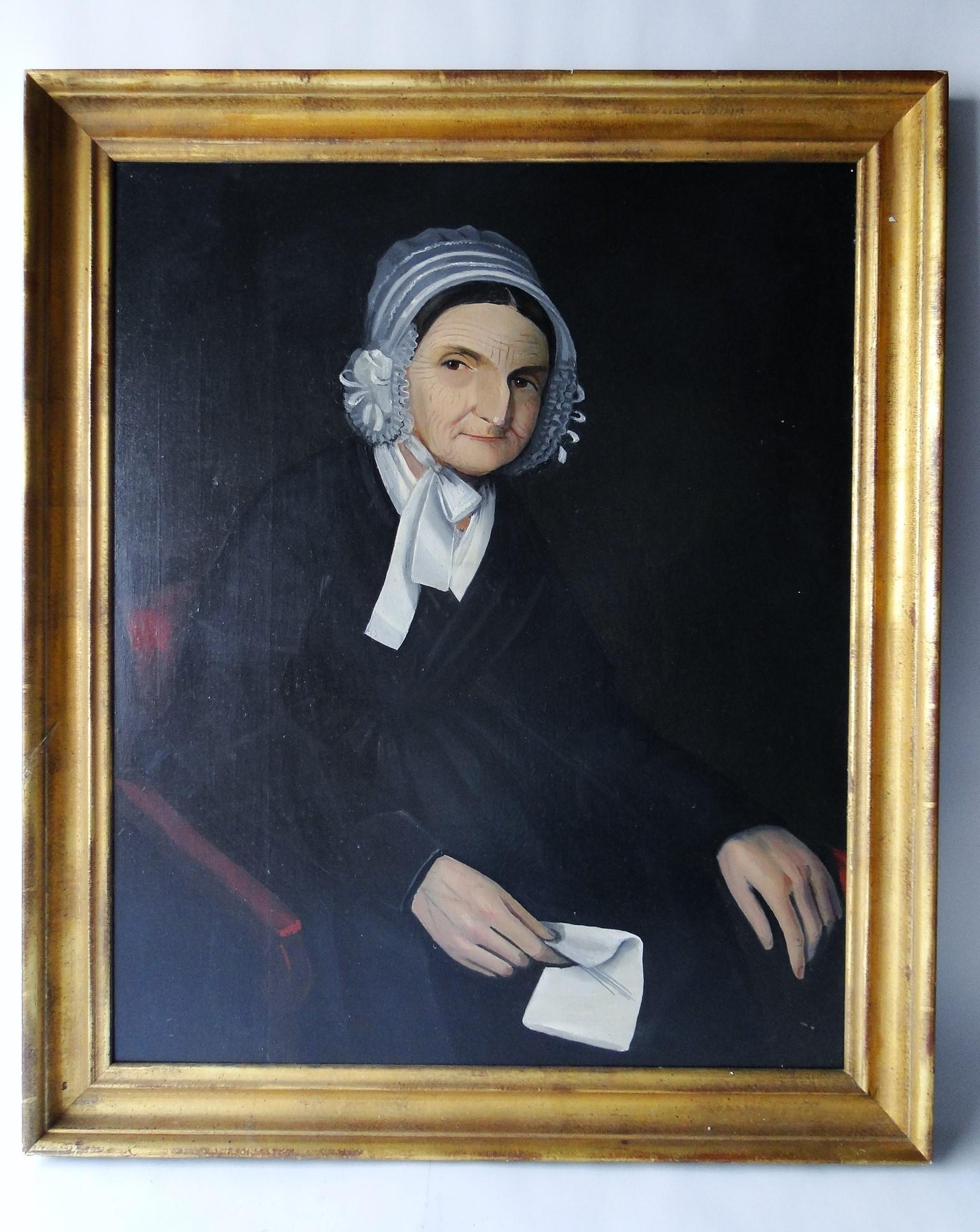 OIL PORTRAIT OF A LADY BY AMMI PHILLIPS: OIL PAINTING ON CANVAS PORTRAIT OF A LADY BY AMMI PHILLIPS, WONDERFUL PROVENANCE, EX. JOHN WALTON NEW YORK CITY COLLECTION, EX. CHRISTIES AUCTION SALE ,RETAINING THE ORIGINAL GALLERY PRICE LABEL FROM