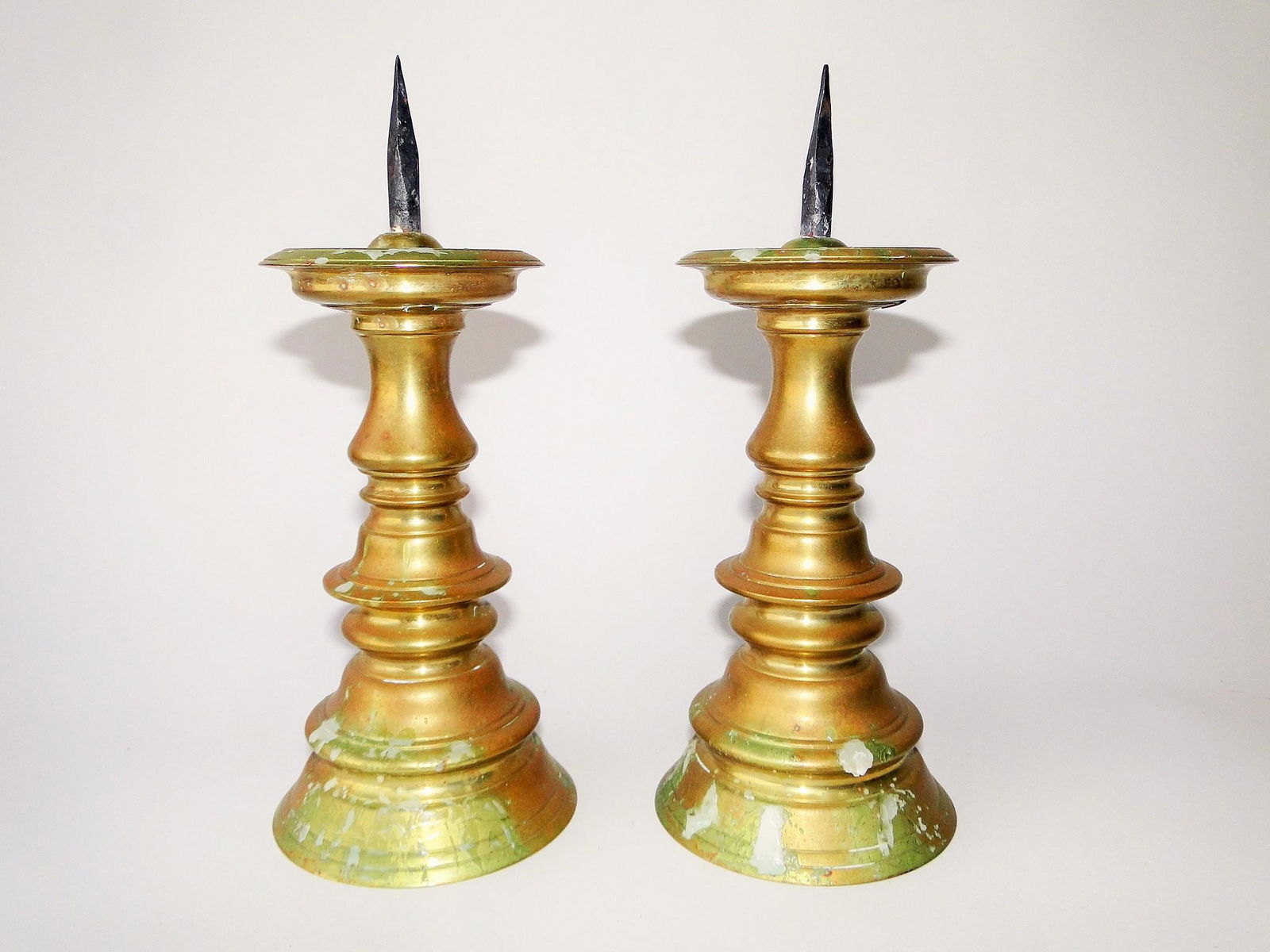 PAIR EARLY BRASS PRICKET CANDLESTICKS (1 of 4)