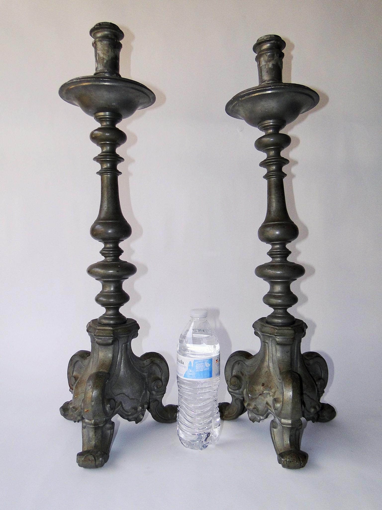 PAIR OF 18TH C PEWTER CANDLESTICKS 25" (1 of 3)