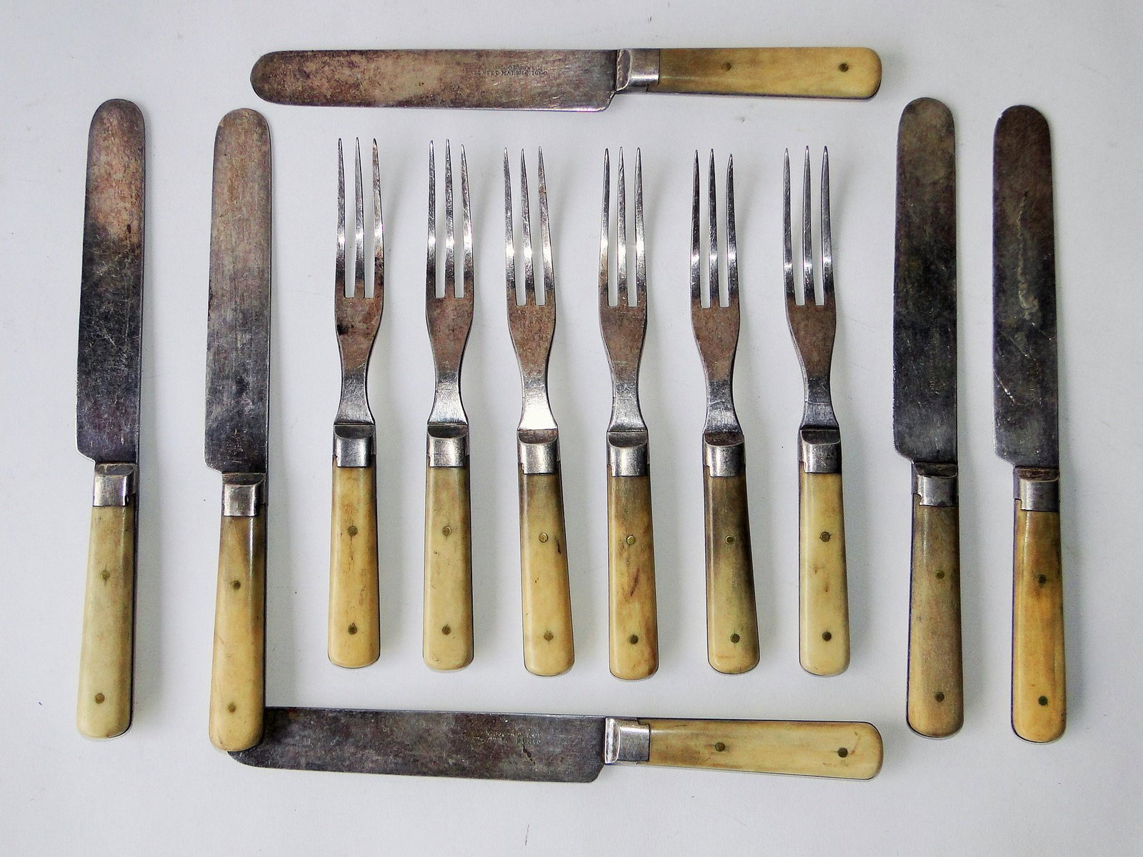 GROUPING BONE HANDLED KNIVES, FORKS: GROUPING BONE HANDLED KNIVES, FORKS, PLACE SETTING FOR SIX, K AND F LAMSON AND GOODENOW AND CO. PAT. 1860