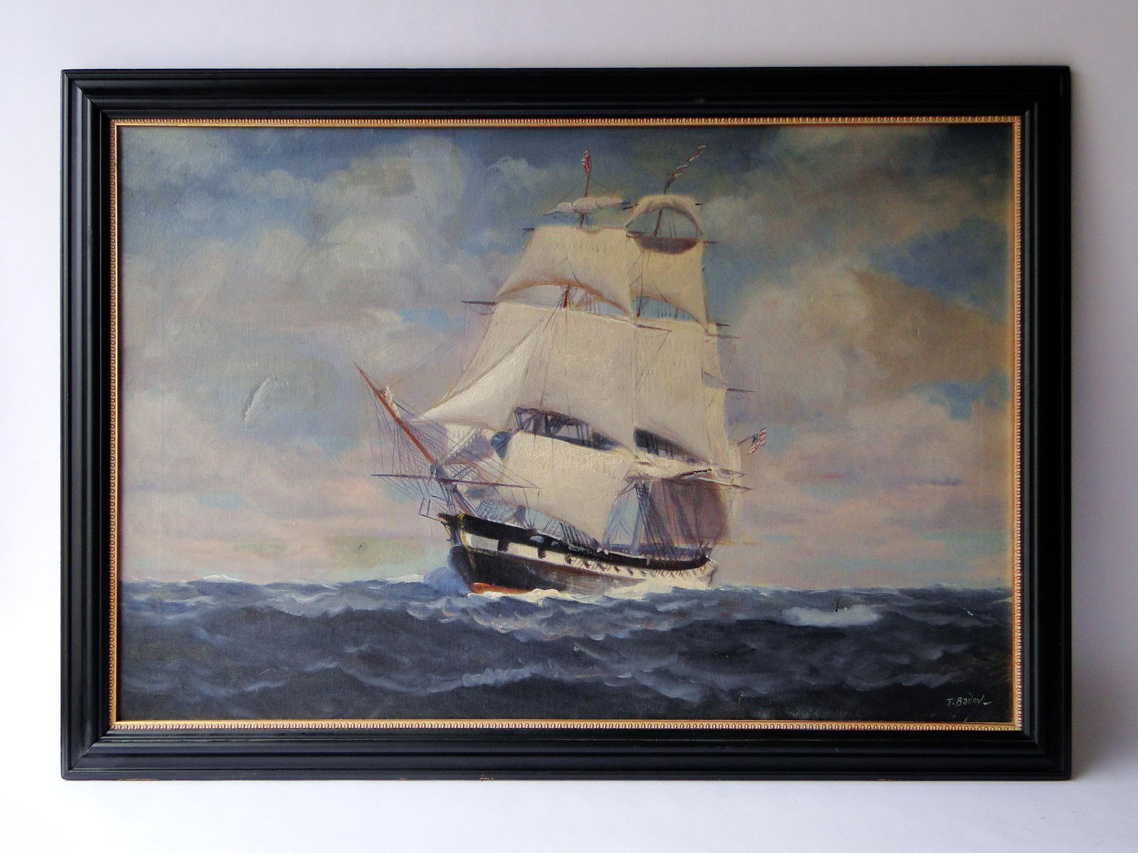 OIL PAINTING OF SAILING SHIP SIGNED T. BAILEY (1 of 4)