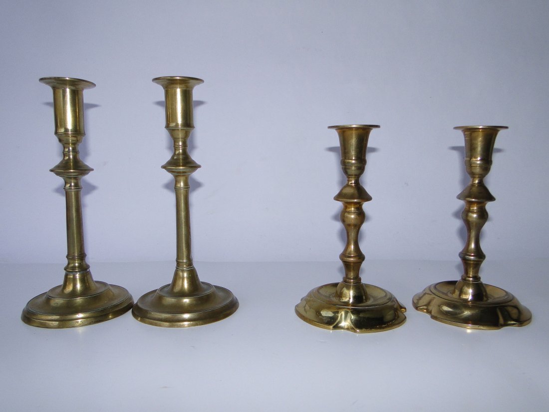 TWO PAIRS OF 18TH C BRASS CANDLESTICKS (1 of 2)