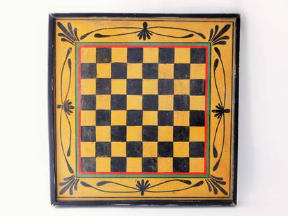 19TH C PAINTED CHECKERS GAME BOARD: 19TH C EXCELLENT PAINTED CHECKERS GAME BOARD, PINE, EARLY TO MID 19TH CENTURY, BOLD DRY ORIGINAL PAINTED SURFACES. SINGLE BOARD WITH APPLIED SQUARE NAILED BASSWOOD FRAME. EXCELLENT CONDITION. 18 X 18