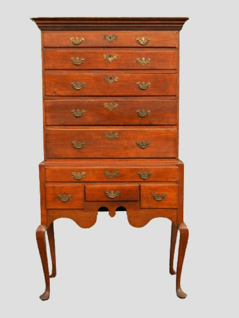 FINE 18TH C NEW LONDON CT. HIGHBOY: FINE 18TH C NEW LONDON CT. HIGHBOY, QUEEN ANNE, CHERRYWOOD, WHALE TAIL APRON, OLD GRUNGY FINISH AND ORIGINAL BRASSES, DIMINUTIVE HIGHBOY CIRCA 1740-1750, CHERRY AND PINE, 71 X 36 X 18.5