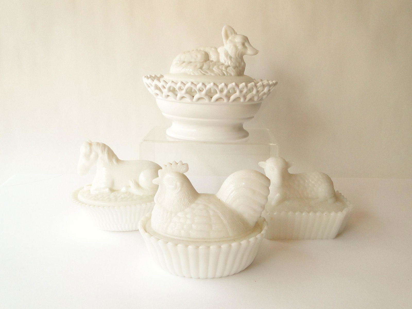 GROUPING OF MILK GLASS COVERED BOWLS (1 of 4)