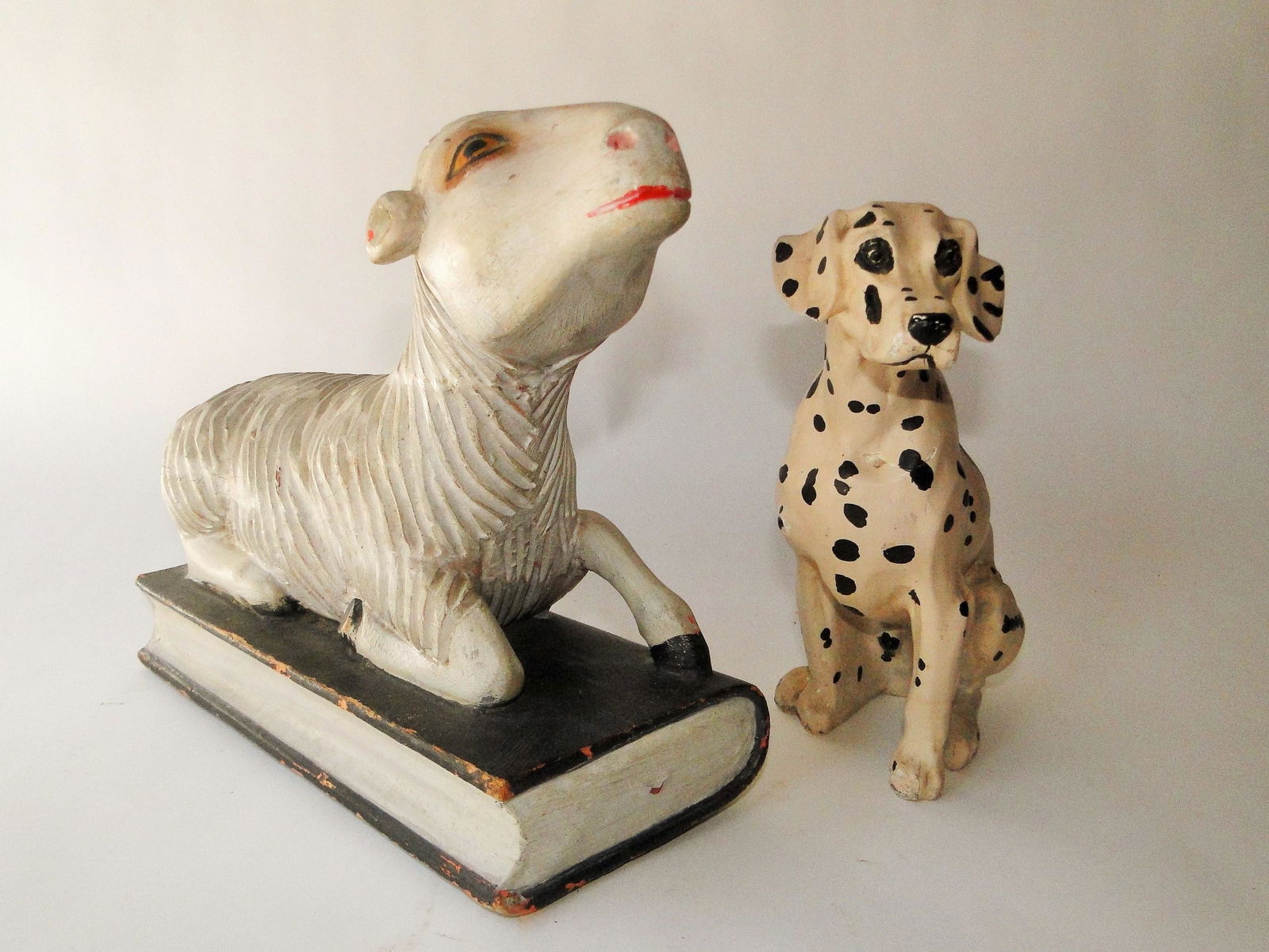 WOODEN CARVED SHEEP, CHALKWARE DALMATION (1 of 2)