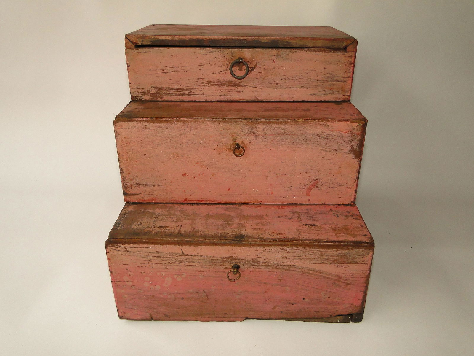 C. 1850 SALMON PAINTED THREE DRAWER STEPBACK CHEST (1 of 4)