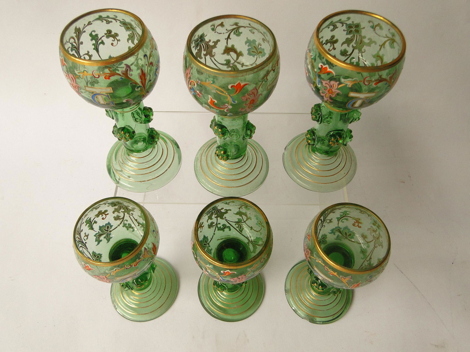 SIX ART GLASS DECORATED STEM GOBLETS (1 of 1)