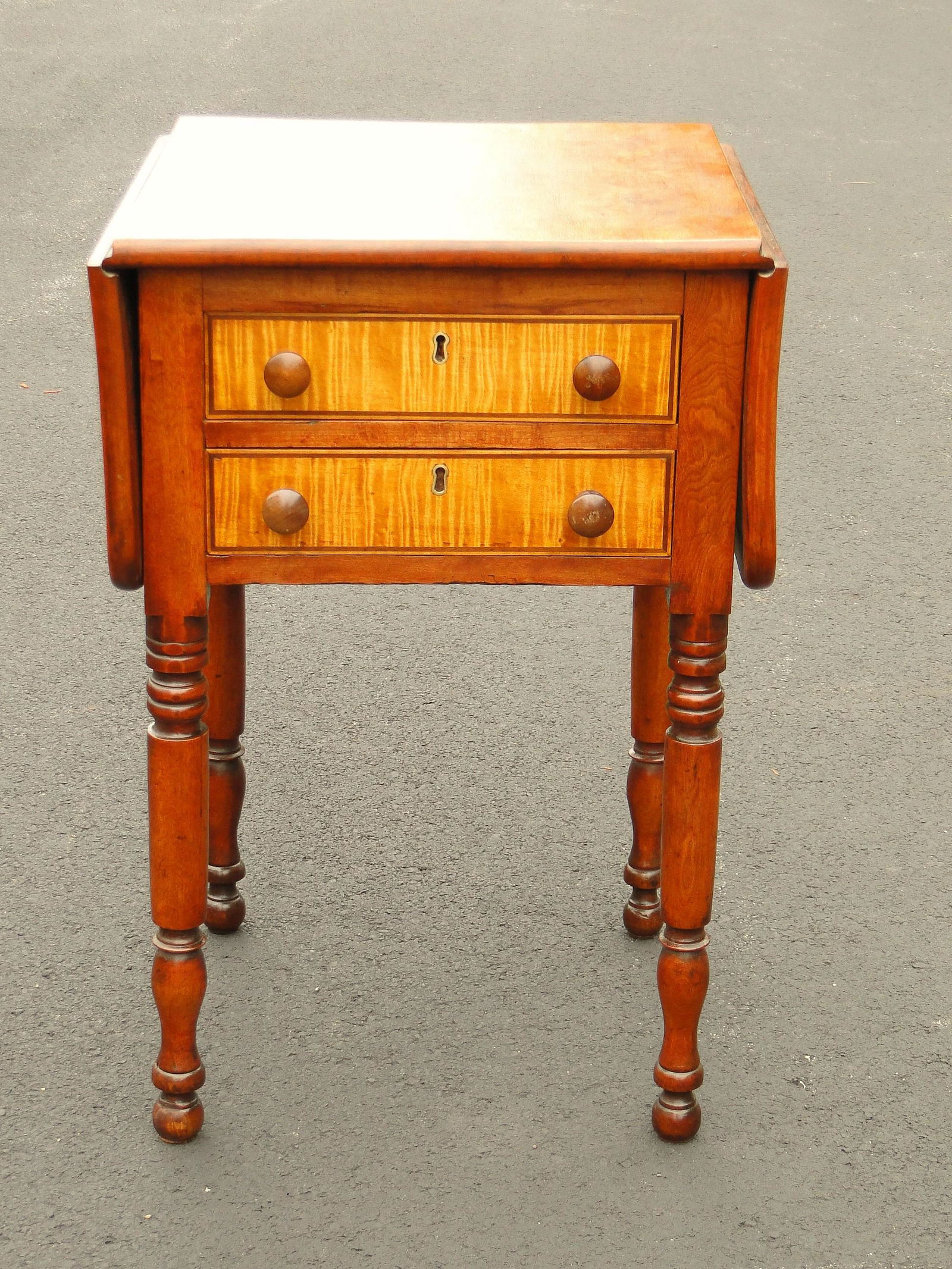 19TH C TWO DRAWER WORK STAND TIGER MAPLE (1 of 6)