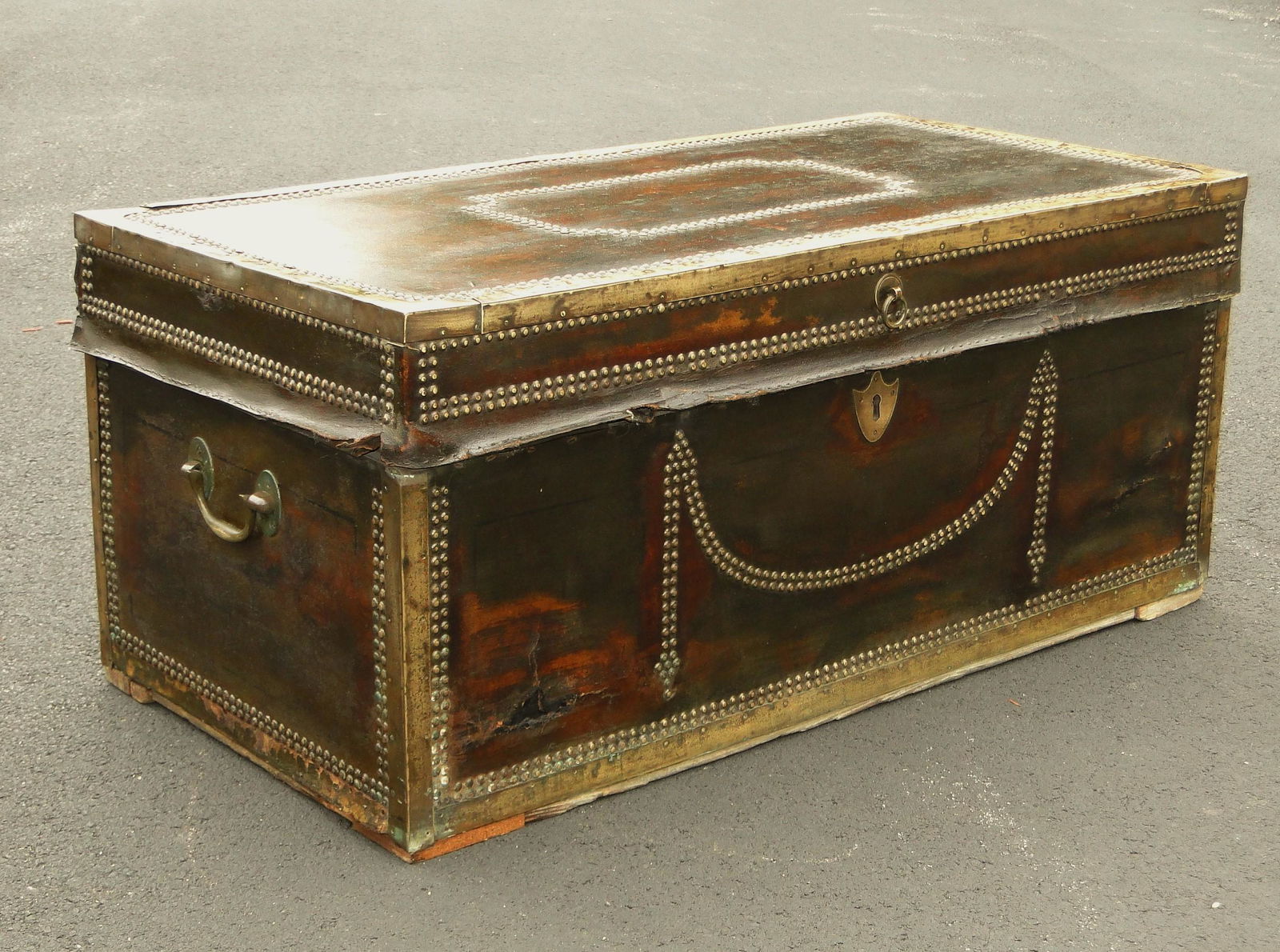 19TH C BRASS BOUND TRUNK (1 of 4)