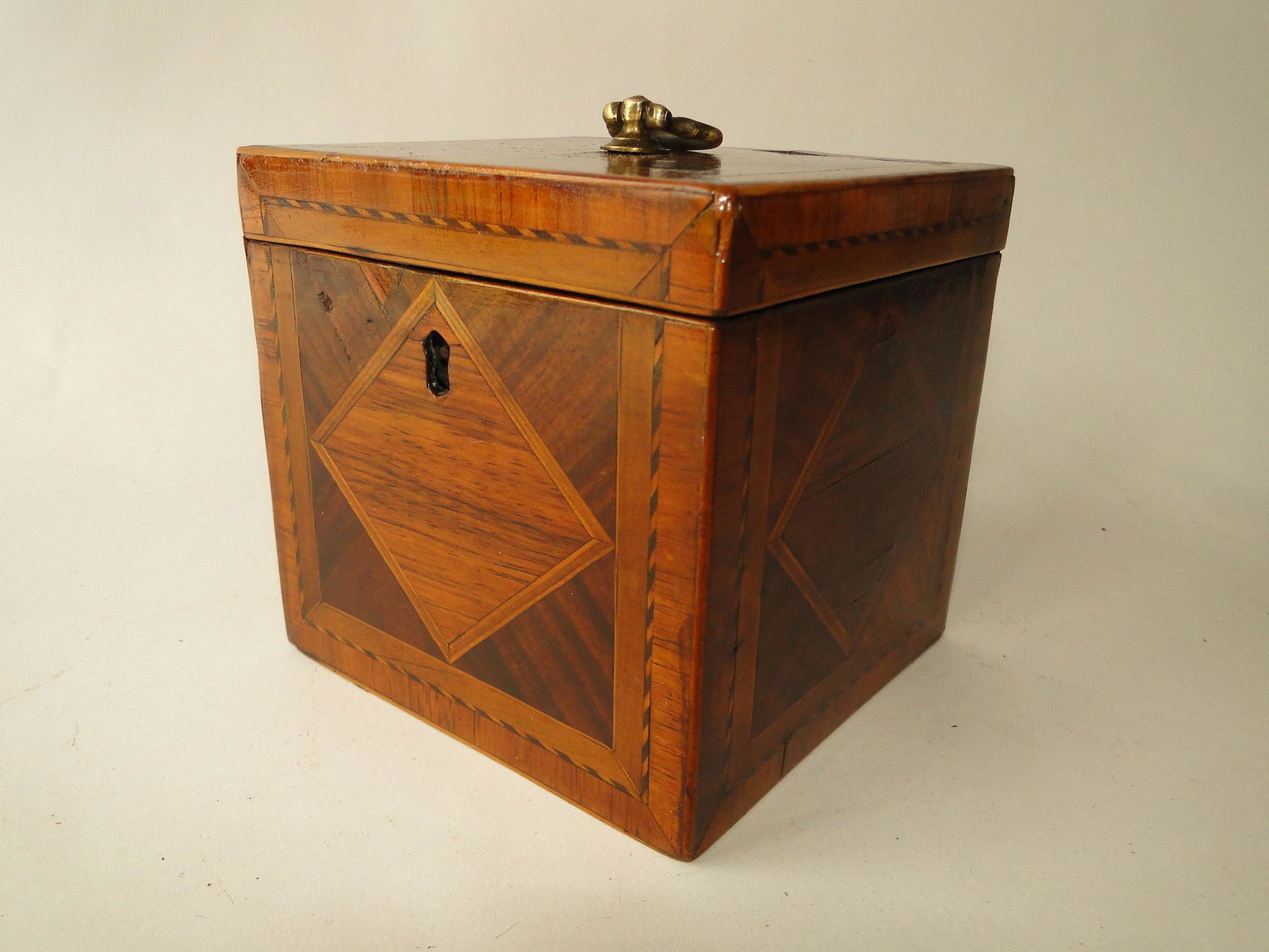 19TH C INLAID SQUARE DIMINUTIVE TEA CADDY (1 of 5)