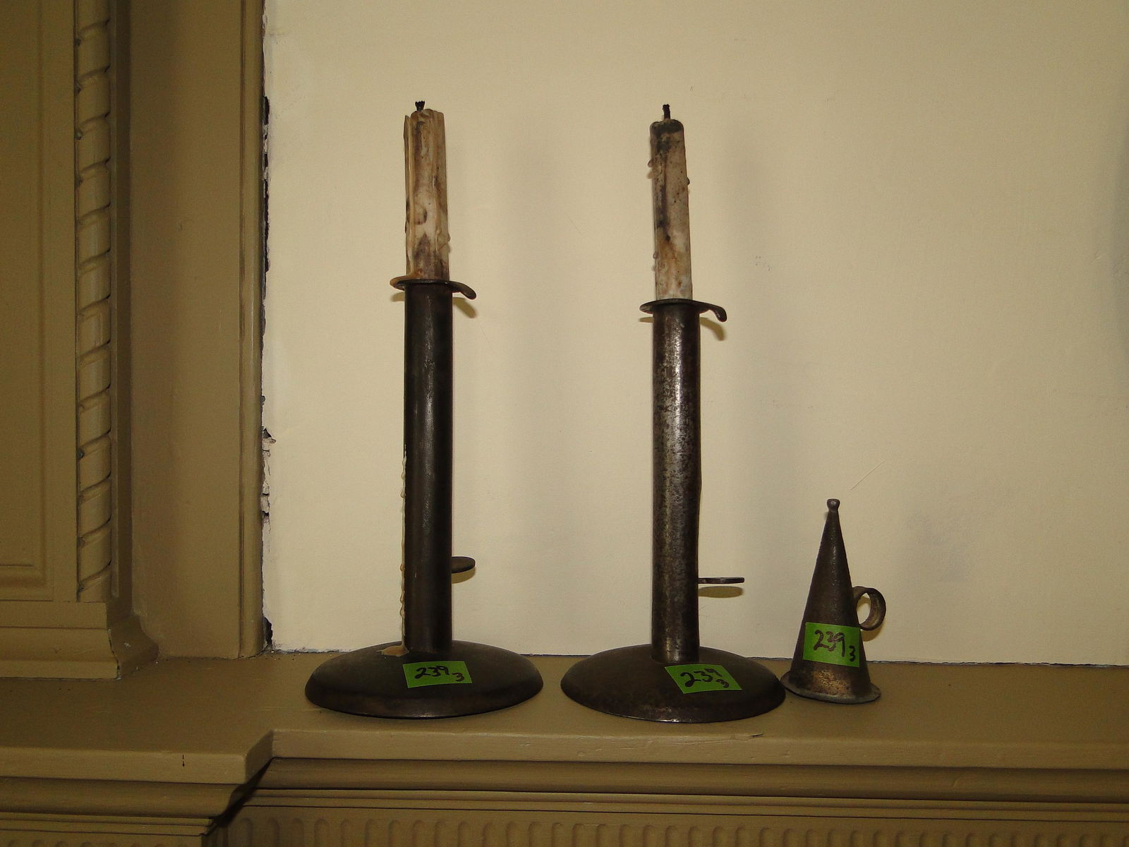 TWO HOGSCRAPER CANDLESTICKS,SNUFFER (1 of 1)