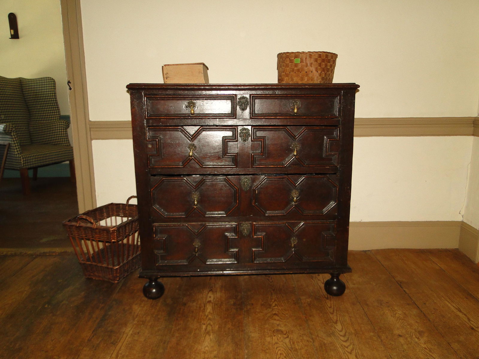 EARLY 17TH C. PANELED BALL FOOT CHEST (1 of 4)