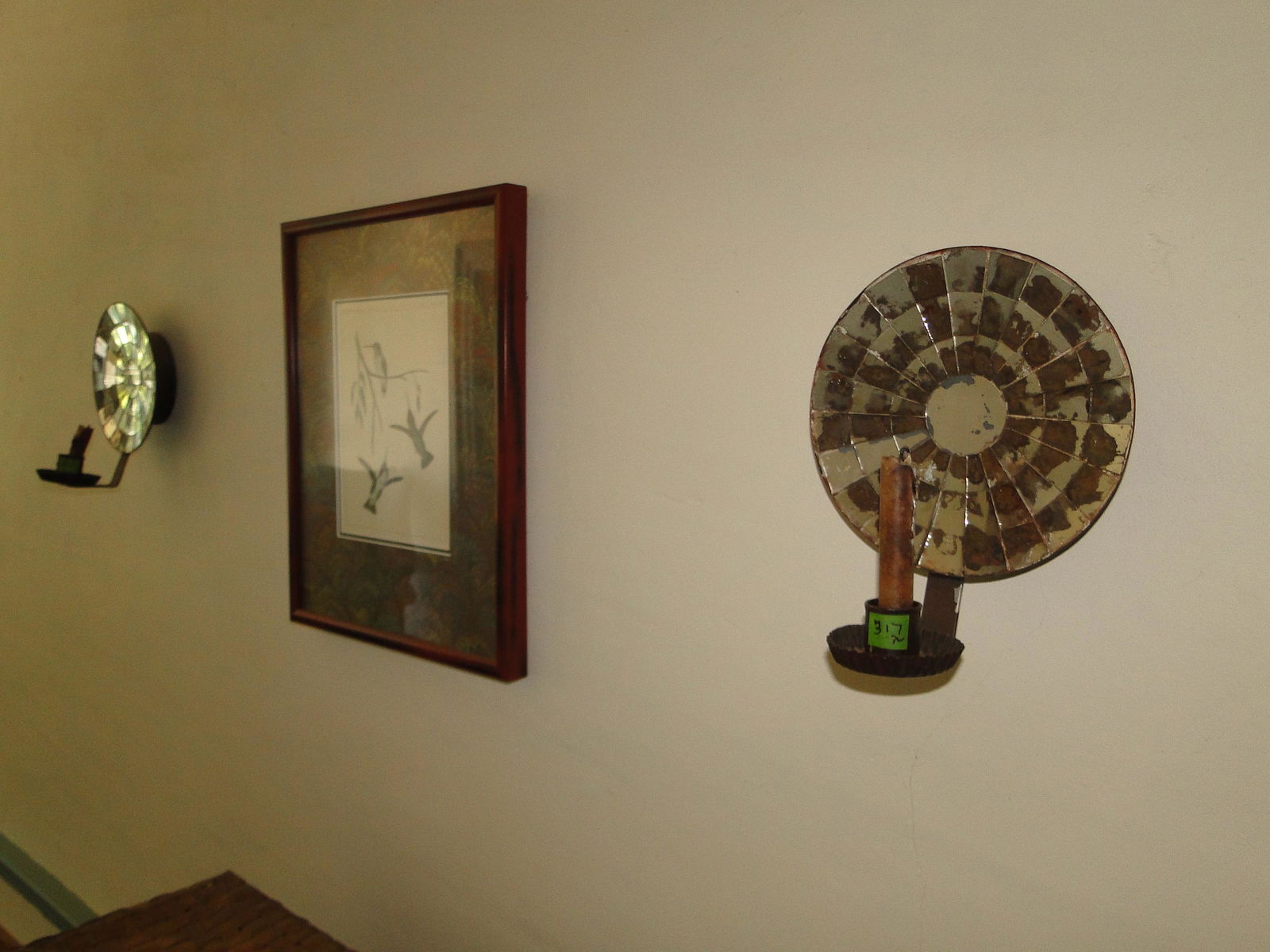 PAIR TIN MIRRORED WALL SCONCES (1 of 3)