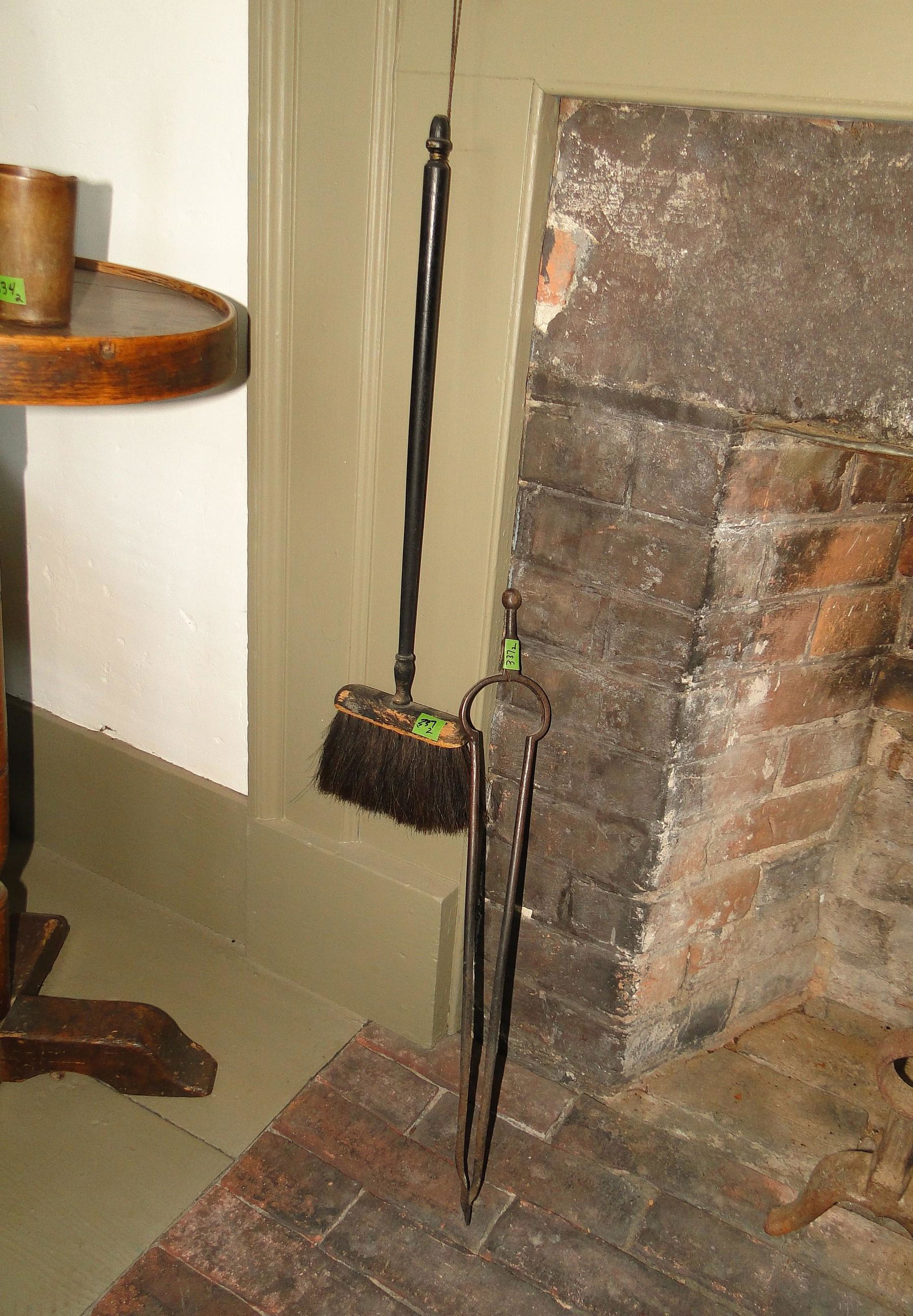 PRIMITIVE FIREPLACE BROOM, TONGS (1 of 1)