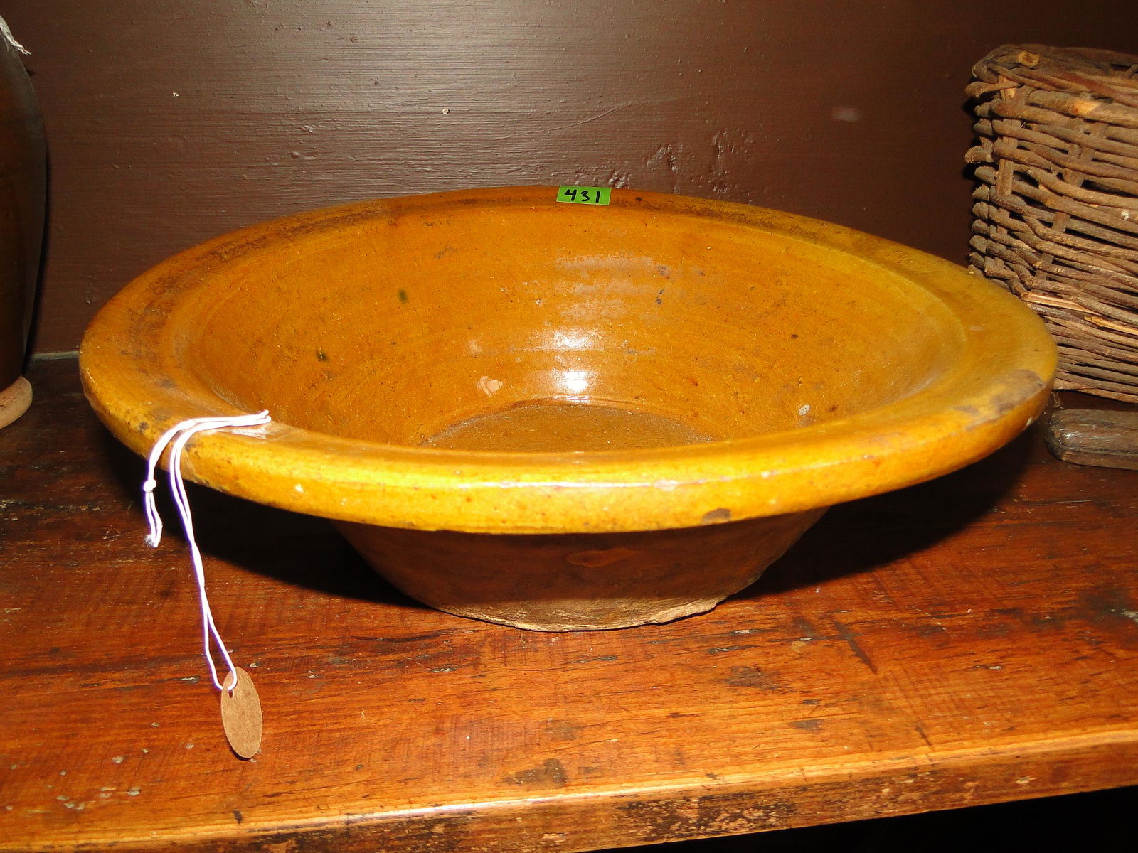 REDWARE MUSTARD GLAZE BOWL: REDWARE MUSTARD GLAZE BOWL, 12"