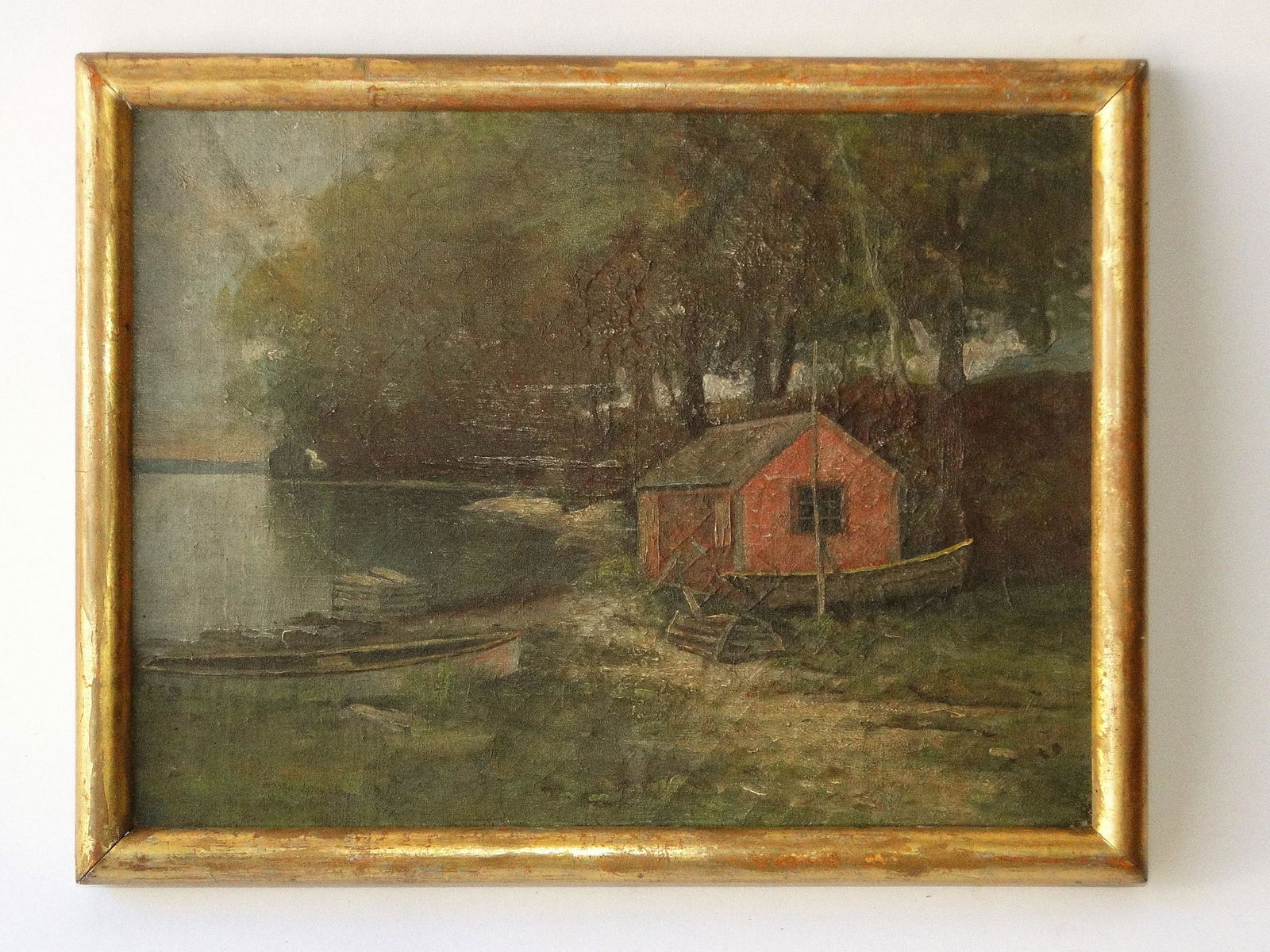 19TH C O/C PAINTING BOATS AT SHORELINE (1 of 1)