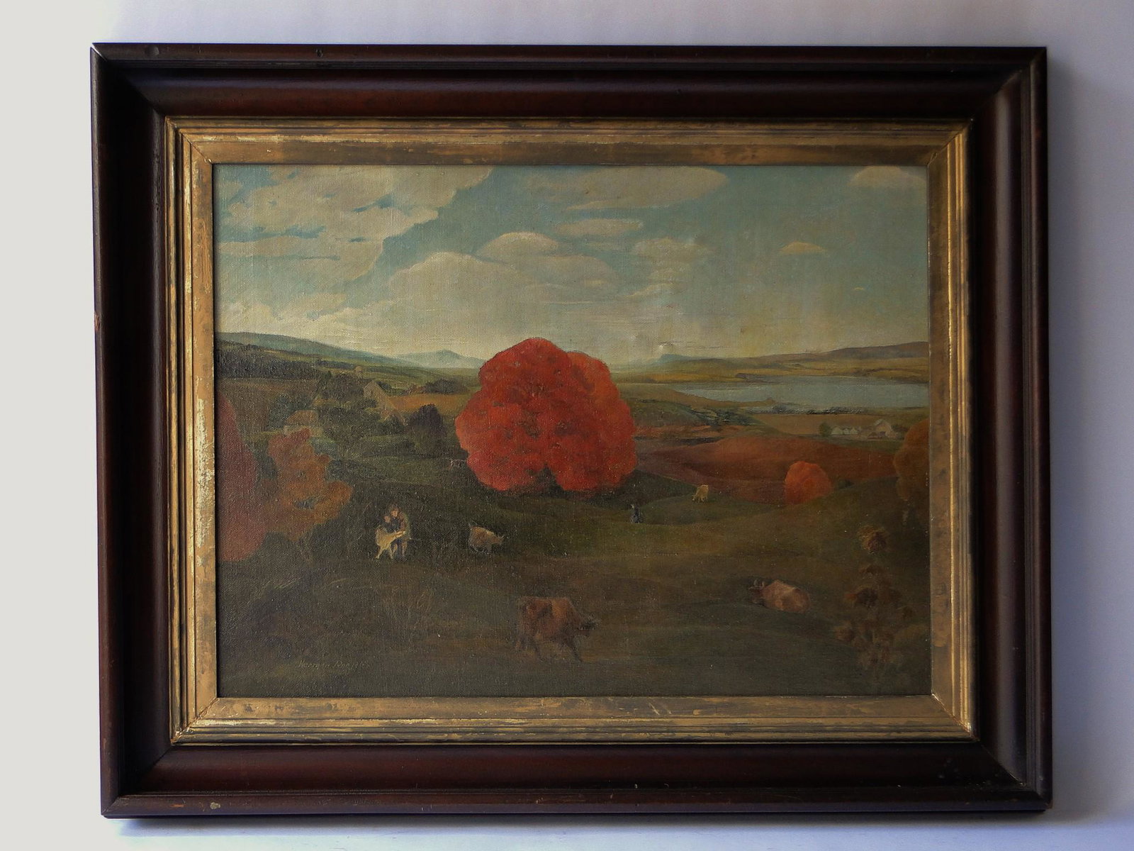 O/C PASTORAL LANDSCAPE, CHINA MAINE HERMAN ROESSLER: O/C PASTORAL LANDSCAPE, CHINA MAINE HERMAN ROESSLER Signed lower left â€œHerman Roessler”. Label on verso reads: â€œBrilliant Trees of Autumn in the countryside of South China, Maine&rdq