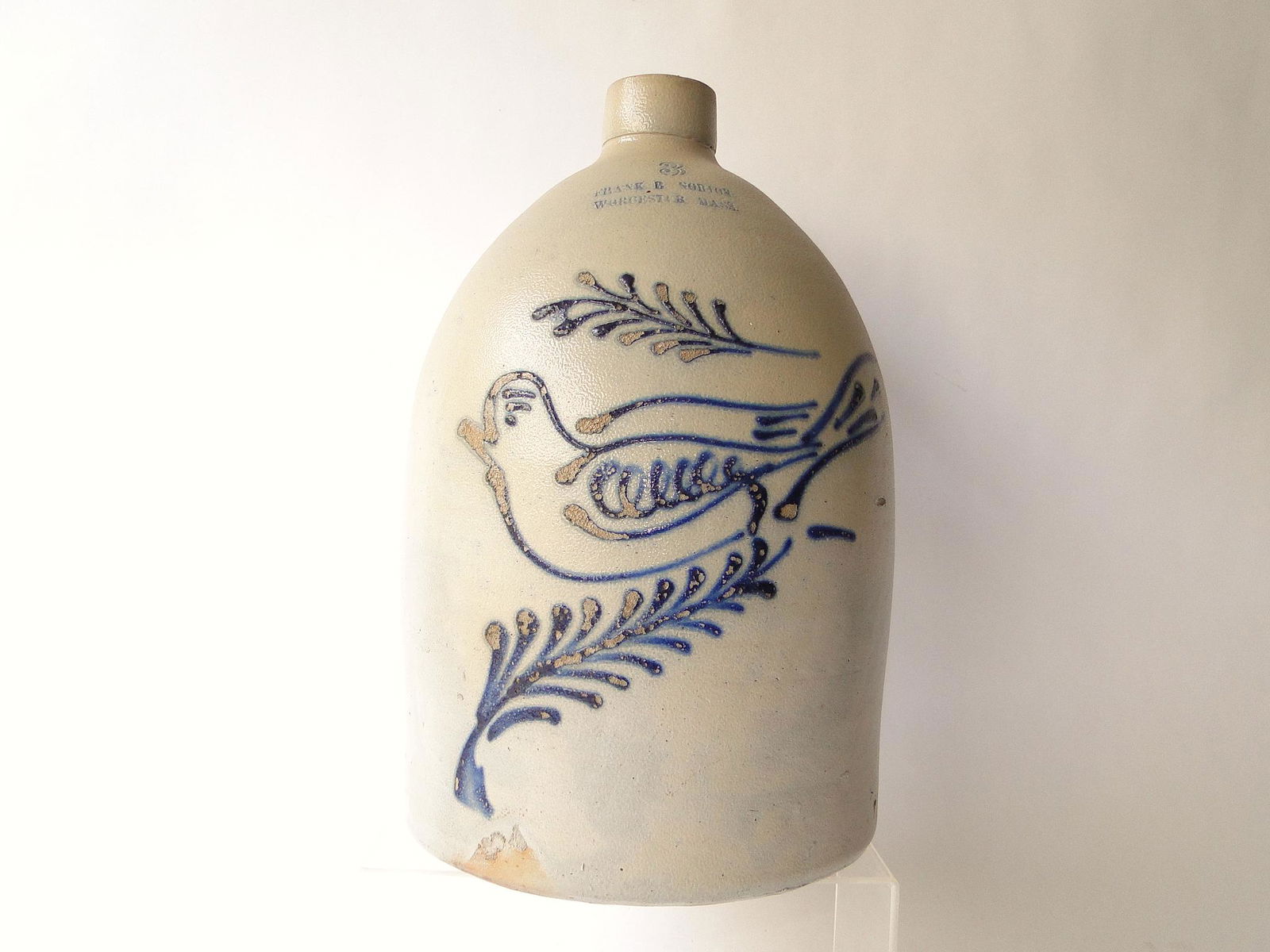 19TH C STONEWARE JUG FB NORTON COBALT BIRD (1 of 2)