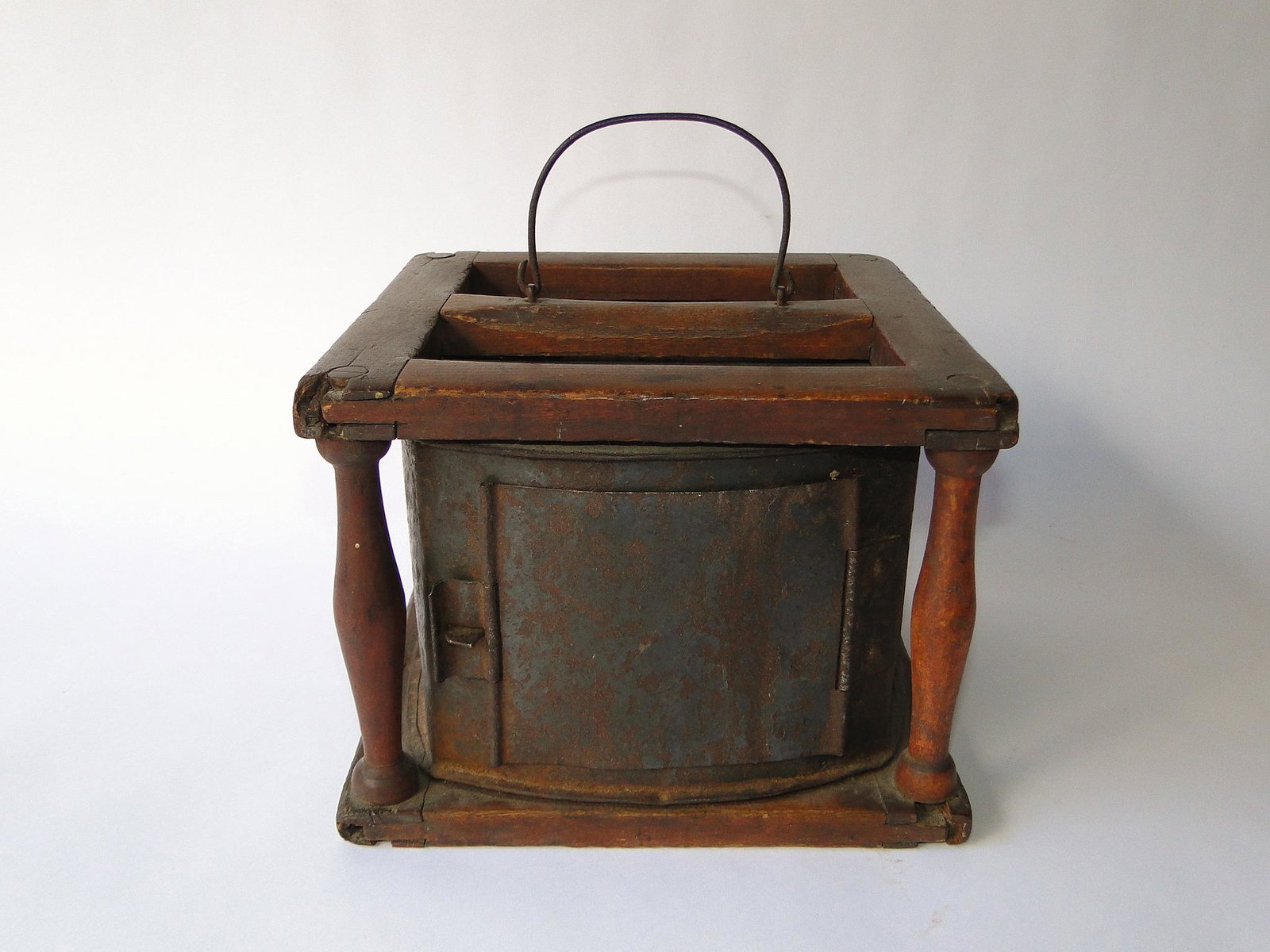 EARLY 1740-1830 FOOT STOVE: EARLY 1740-1830 FOOT STOVE, POPLAR FRAME, TINNED IRON CENTER, ORIGINAL PAN