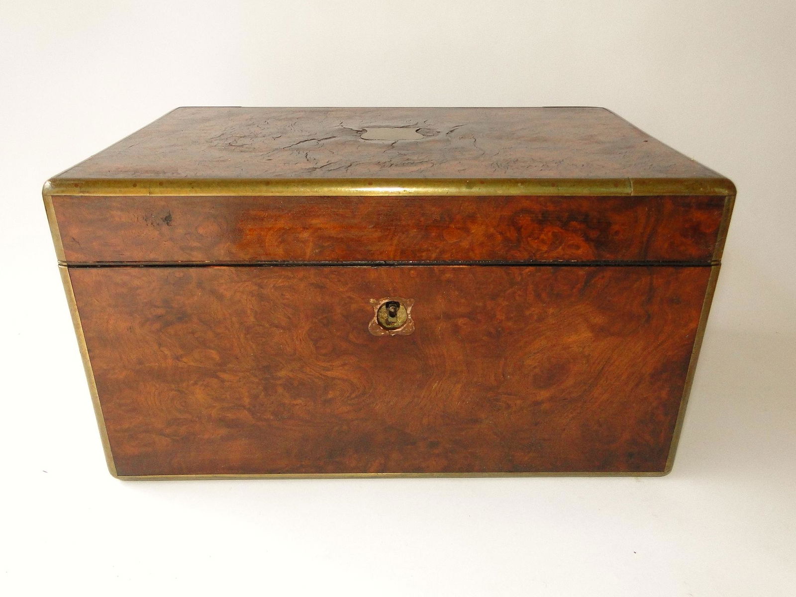 19TH C BRASS BOUND BURL BOX (1 of 3)