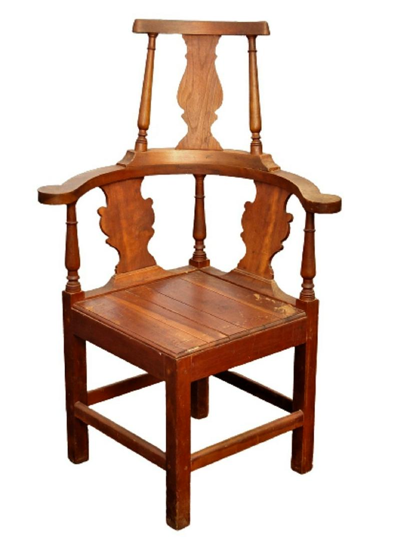 CHERRY WOOD CORNER CHAIR: CHERRY WOOD CORNER CHAIR, CARVED AND PEGGED, HIGH BACK, 44 X 29 X 18 SEAT