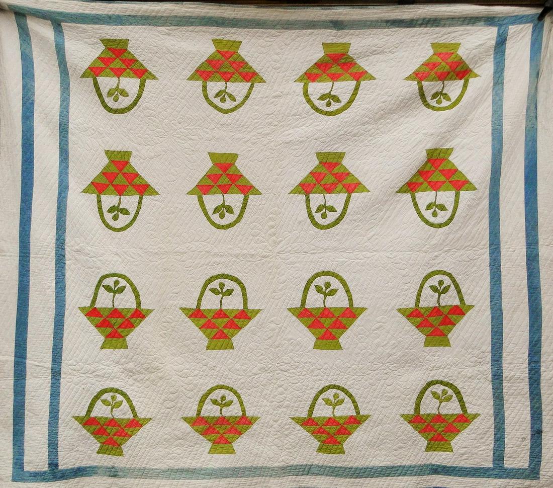 HAND SEWN ANTIQUE CHERRY BASKET PATTERN QUILT (1 of 2)