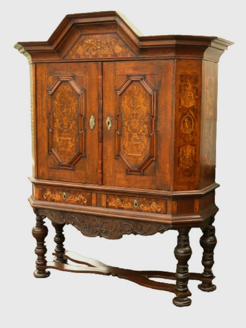 EARLY INLAID ITALIAN CABINET: EARLY INLAID ITALIAN CABINET ON BALL FEET, EXTENSIVELY INLAID, TWO DOORS OVER TWO DRAWERS, INTERIOR SHELVING, INTERIOR WITH ORIGINAL PAPER REMNANTS, COMPLETELY BREAKS DOWN EASILY. CREST, SIDES, DOORS,