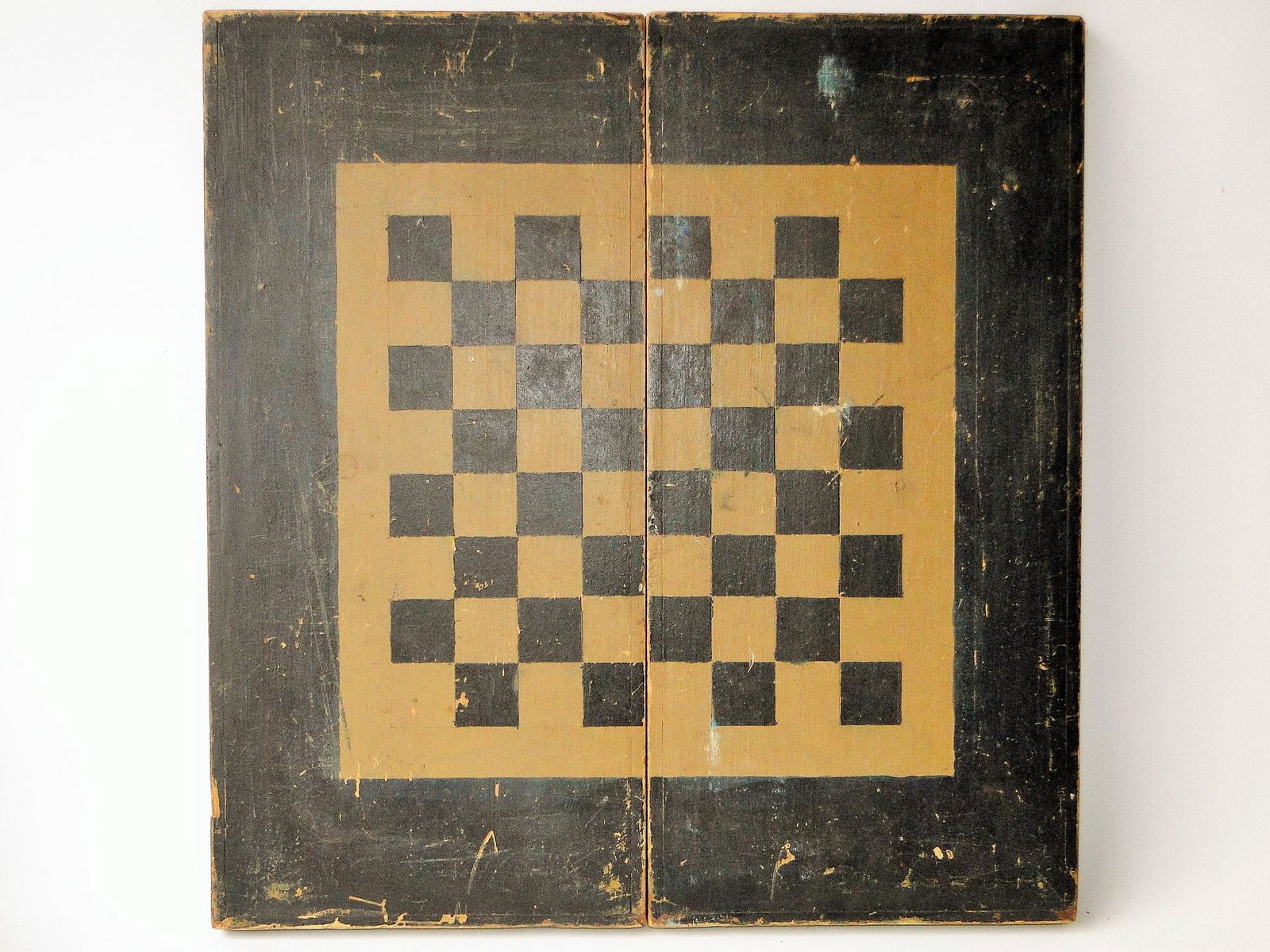 19TH C PINE FOLDING GAME BOARD: 19TH C PINE FOLDING GAME BOARD, CHECKERS, BACKGAMMON, ORIGINAL PAINTED SURFACE, EXC. CONDITION., 18 X 18