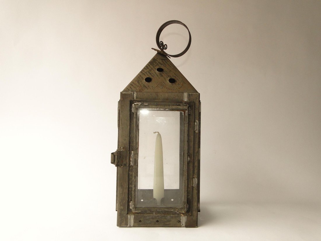 LARGE 19TH C TIN AND GLASS CANDLE LANTERN (1 of 4)