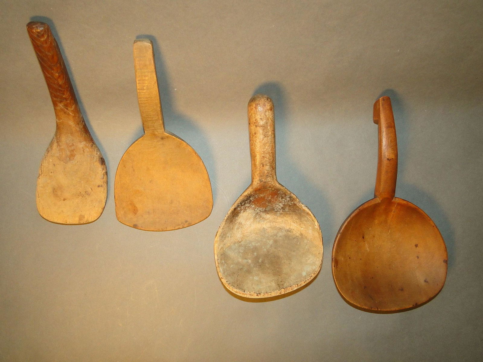FOUR 19TH C HAND CARVED WOODEN BUTTER SCOOPS (1 of 1)