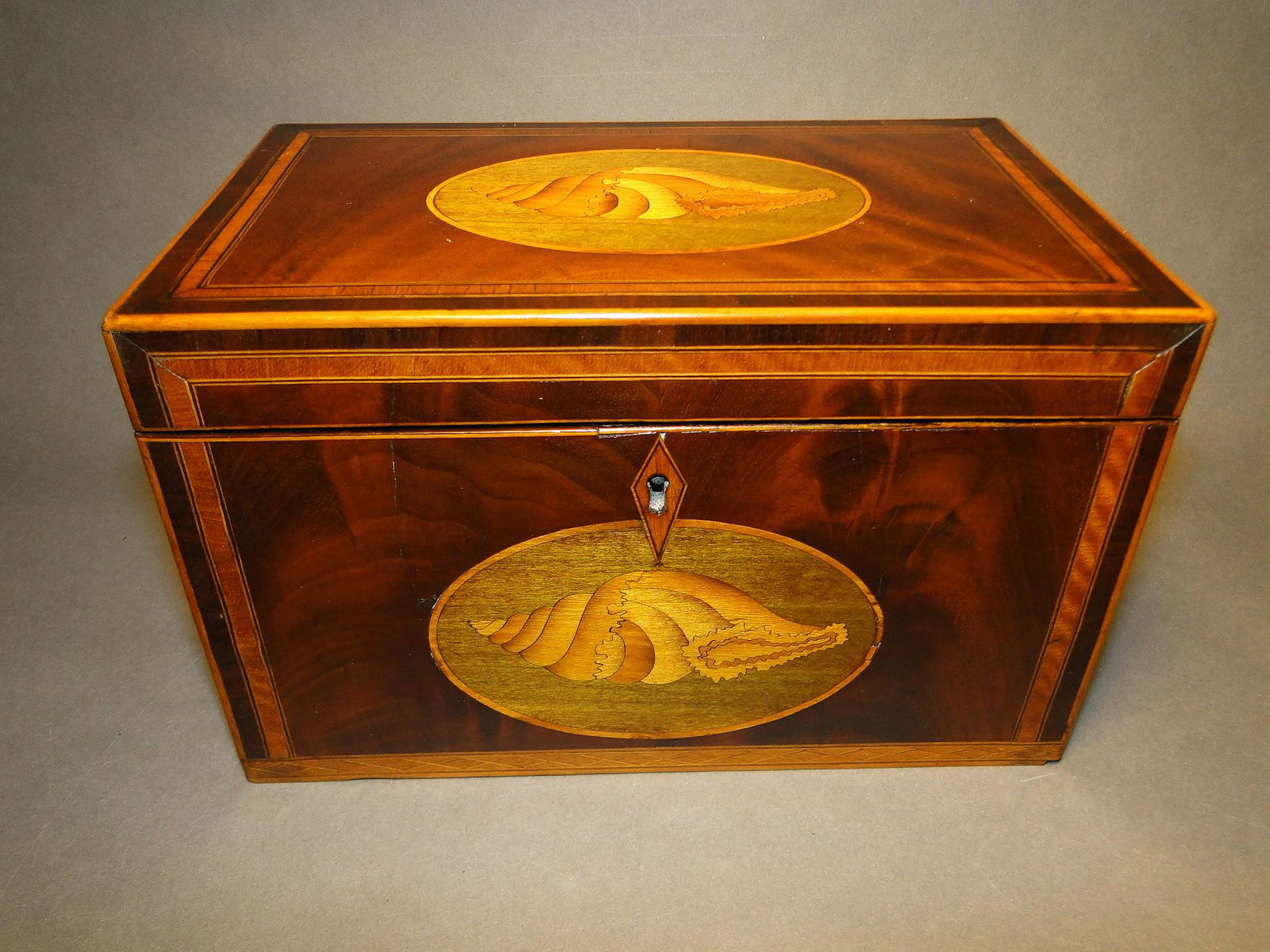 FEDERAL PERIOD CONCH SHELL  INLAID TEA CADDY (1 of 4)