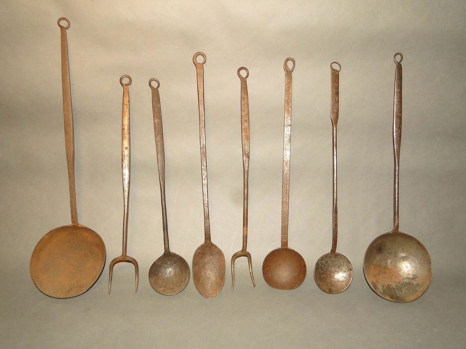 EIGHT 19TH C IRON AND BRASS HEARTH COOKING UTENSILS (1 of 1)