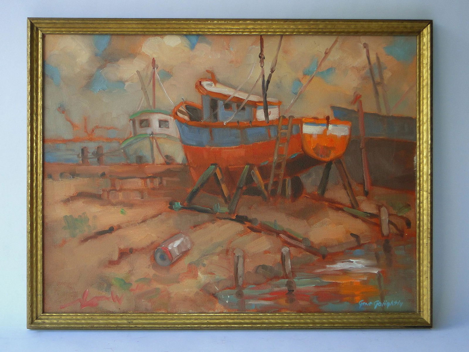 O/C PAINTING SHRIMP BOAT REPAIR BY GENE GOLIGHTLY: O/C PAINTING SHRIMP BOAT REPAIR BY GENE GOLIGHTLY (American. Texas. 1917-) Oil on Canvas. Signed lower left. Titled on verso â€œShrimp Boat Repair” SS: 18” high x 24” wide. OS: 1