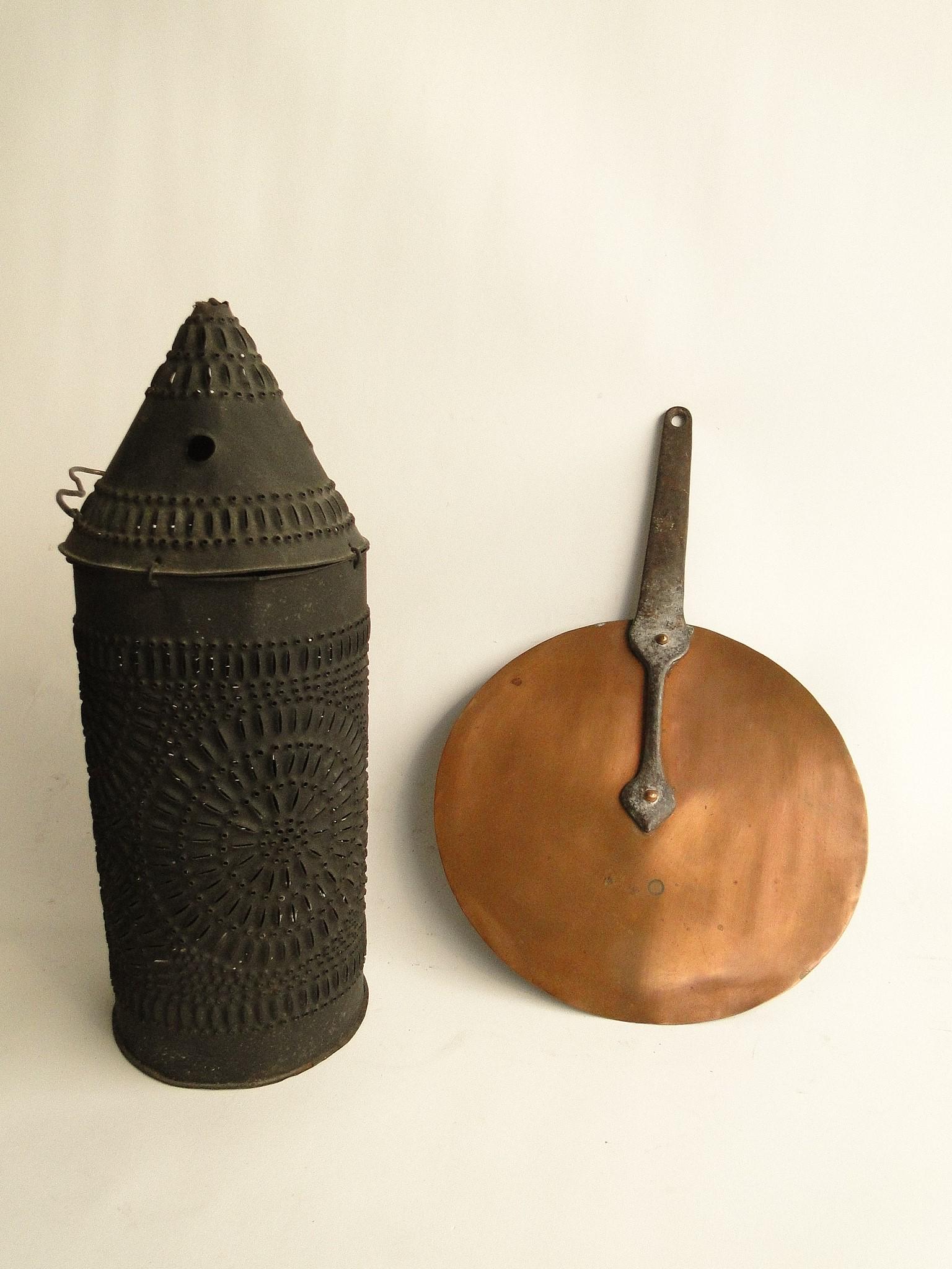 EARLY PIERCED TIN LANTERN COPPER POT LID (1 of 4)