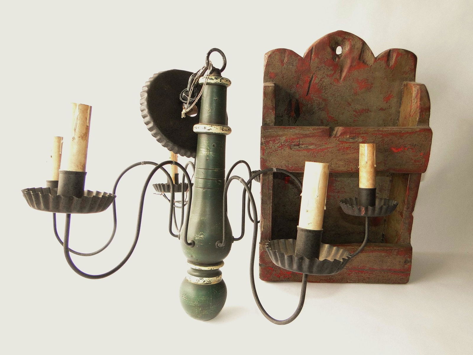 WOOD AND TIN CHANDELIER, PAINTED WALL BOX (1 of 3)