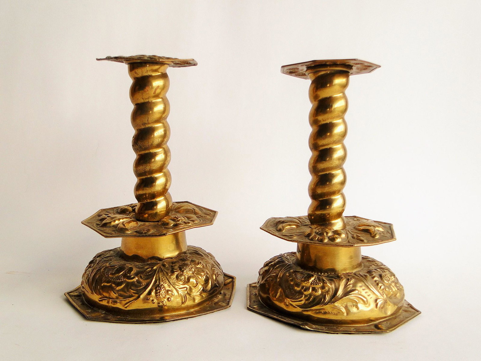 RARE PAIR OF 17TH C BRASS CANDLESTICKS (1 of 3)