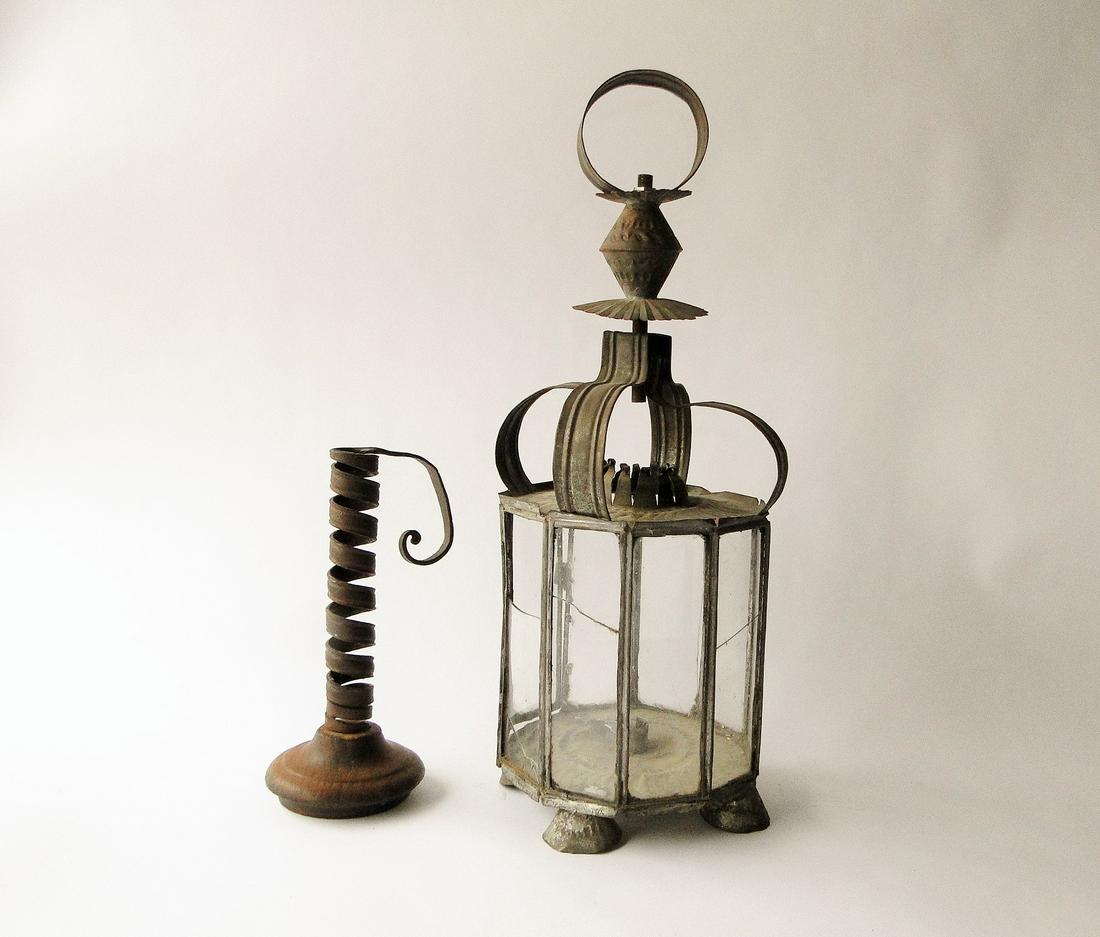 EARLY TIN LANTERN, SPIRAL CANDLESTICK (1 of 3)