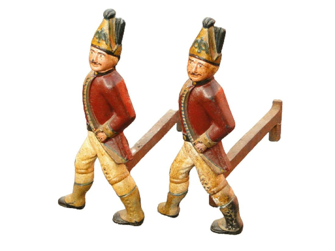 EARLY ORIGINAL POLYCHROMED HESSION SOLDIER ANDIRONS: EARLY ORIGINAL POLYCHROMED HESSION RED COATED SOLDIER ANDIRONS, 20 X 21