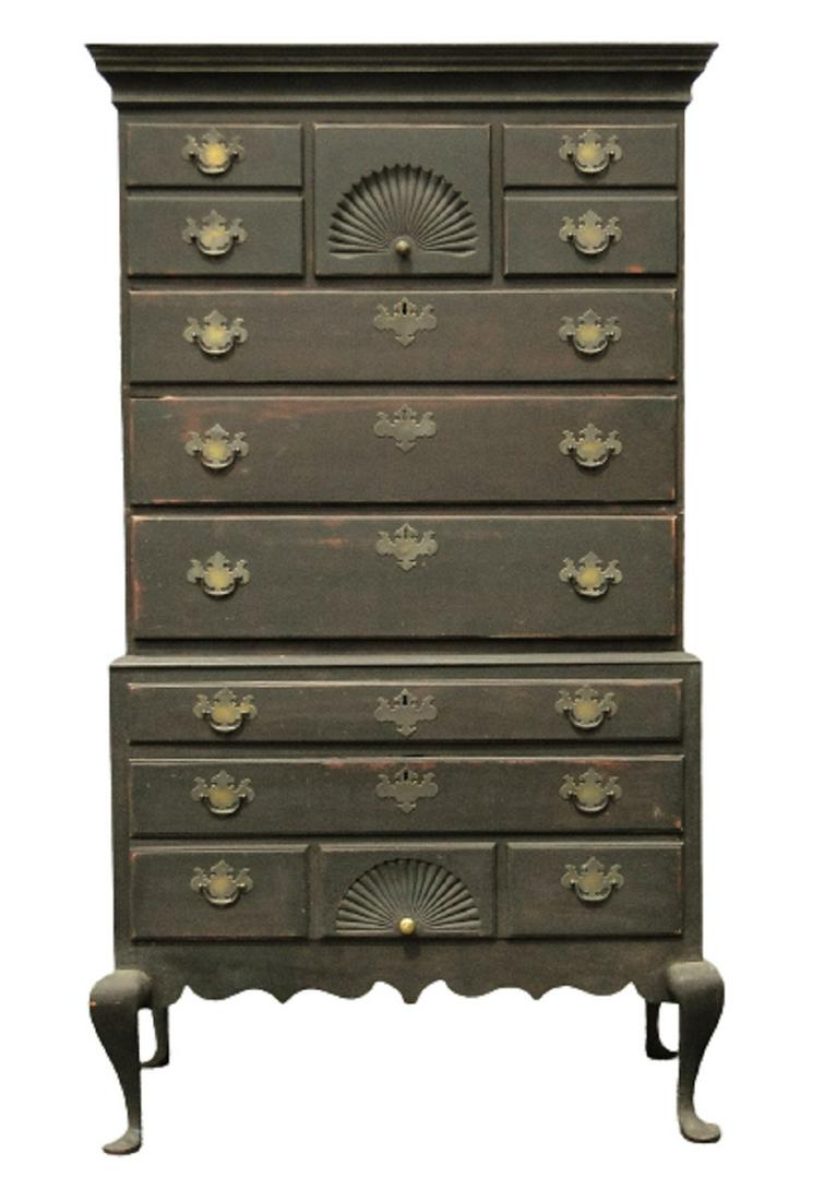 18TH C NH DUNLAP SCHOOL BANDY LEG PAINTED HIGHBOY (1 of 16)