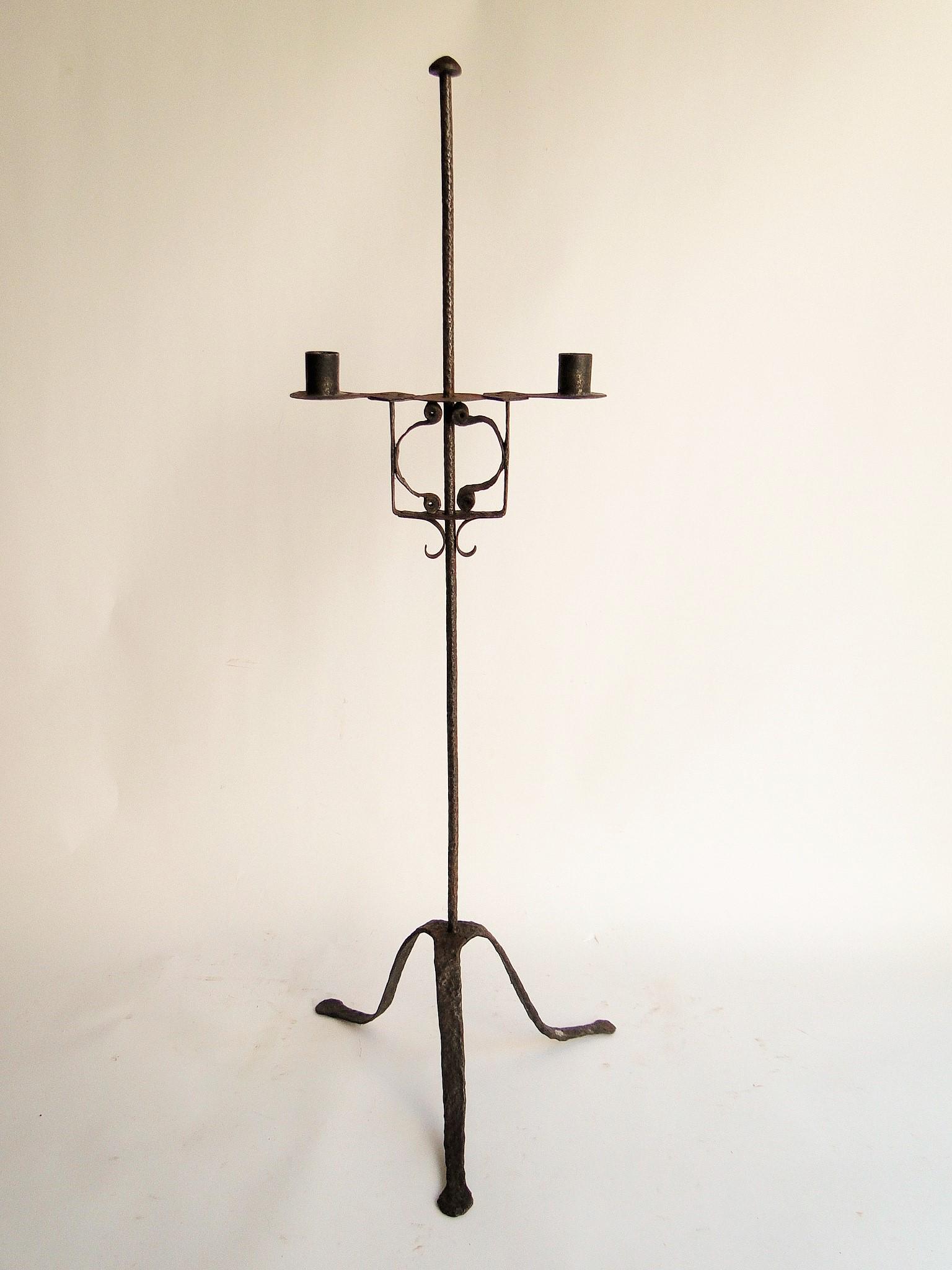 19TH C WROUGHT IRON DOUBLE CANDLE STANDARD (1 of 4)